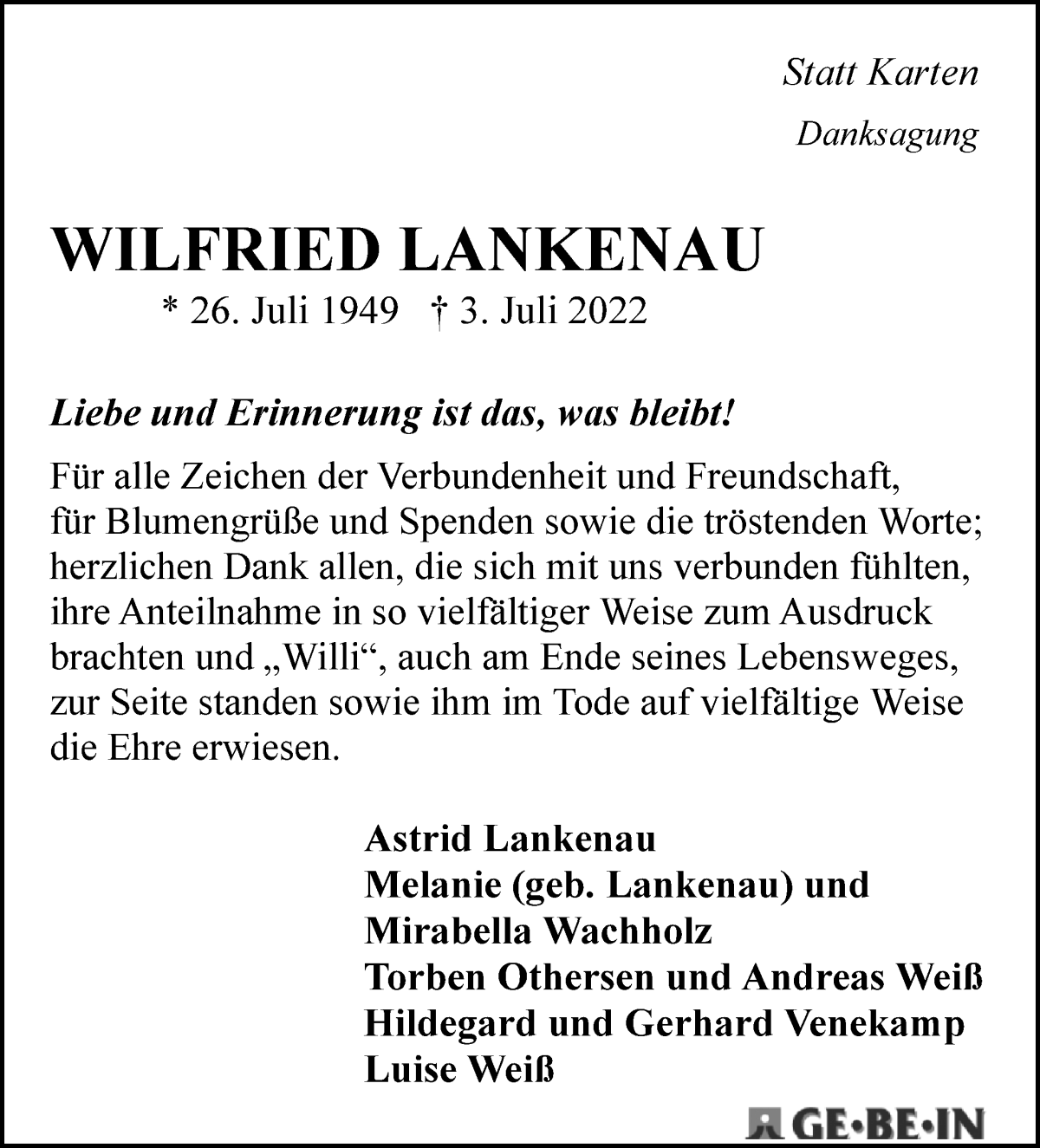 Traueranzeige von Wilfried Lankenau von WESER-KURIER
