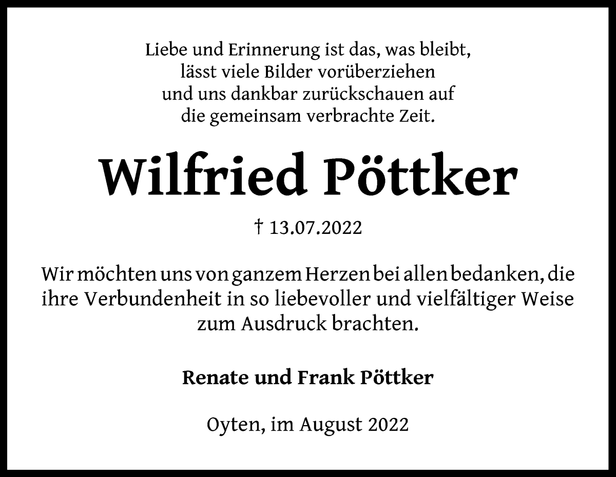 Traueranzeige von Wilfried Pöttker von WESER-KURIER