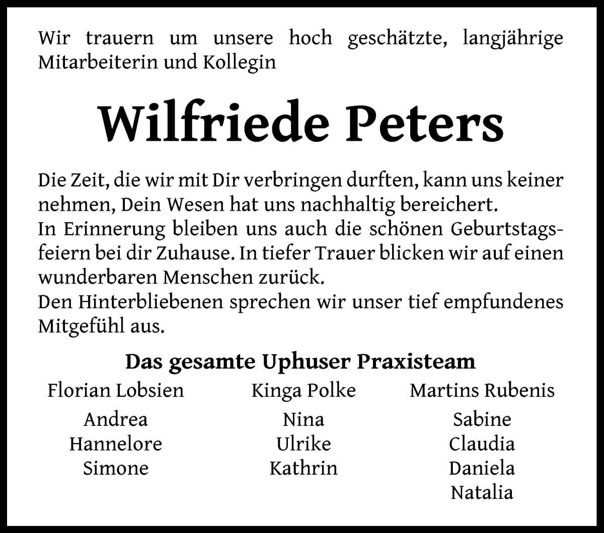 Traueranzeige von Wilfriede Peters von WESER-KURIER