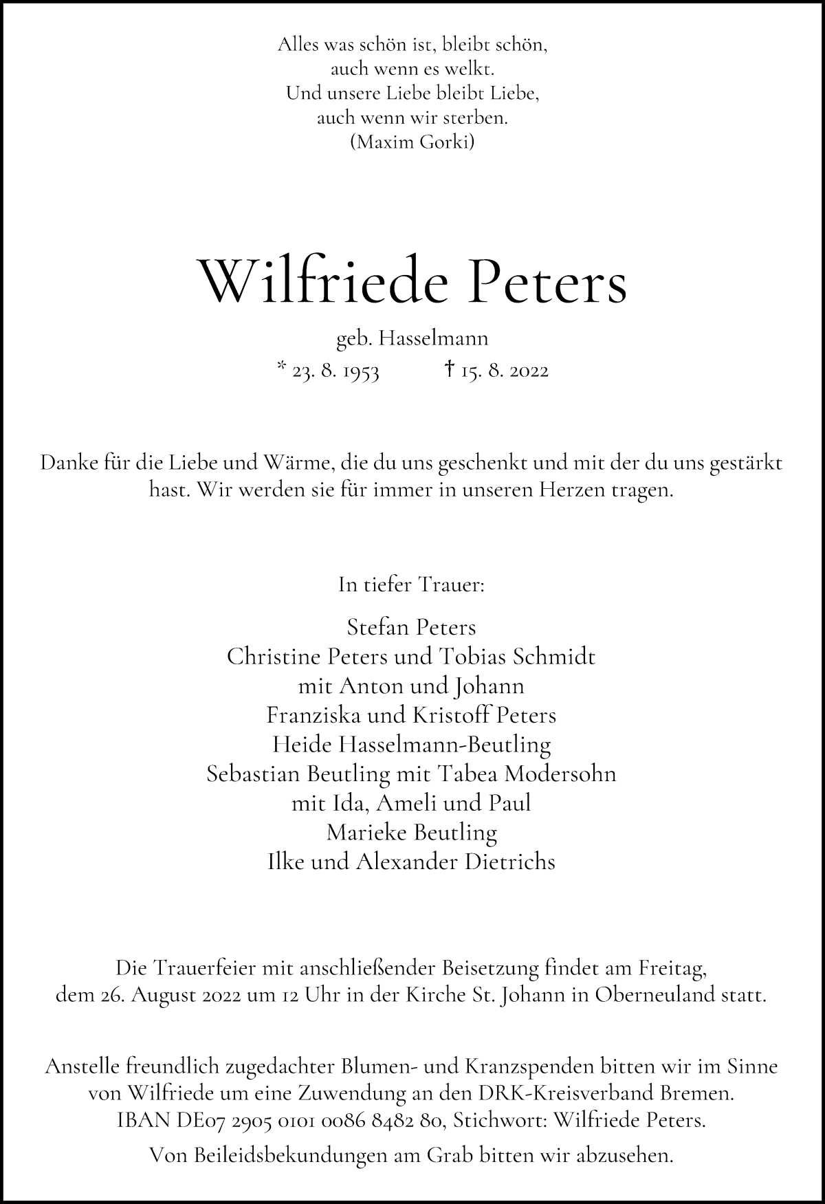 Traueranzeige von Wilfriede Peters von WESER-KURIER