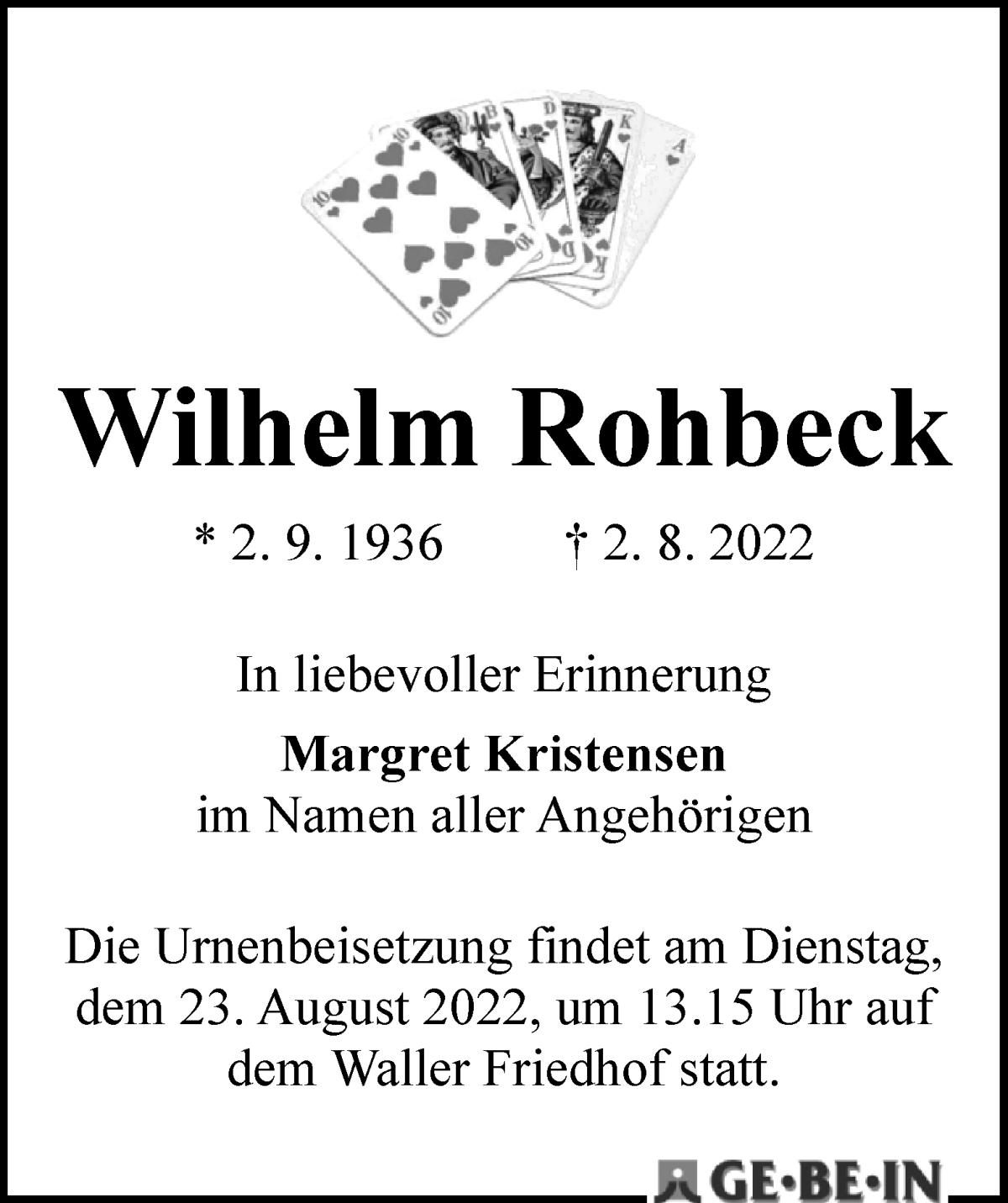 Traueranzeige von Wilhelm Rohbeck von WESER-KURIER