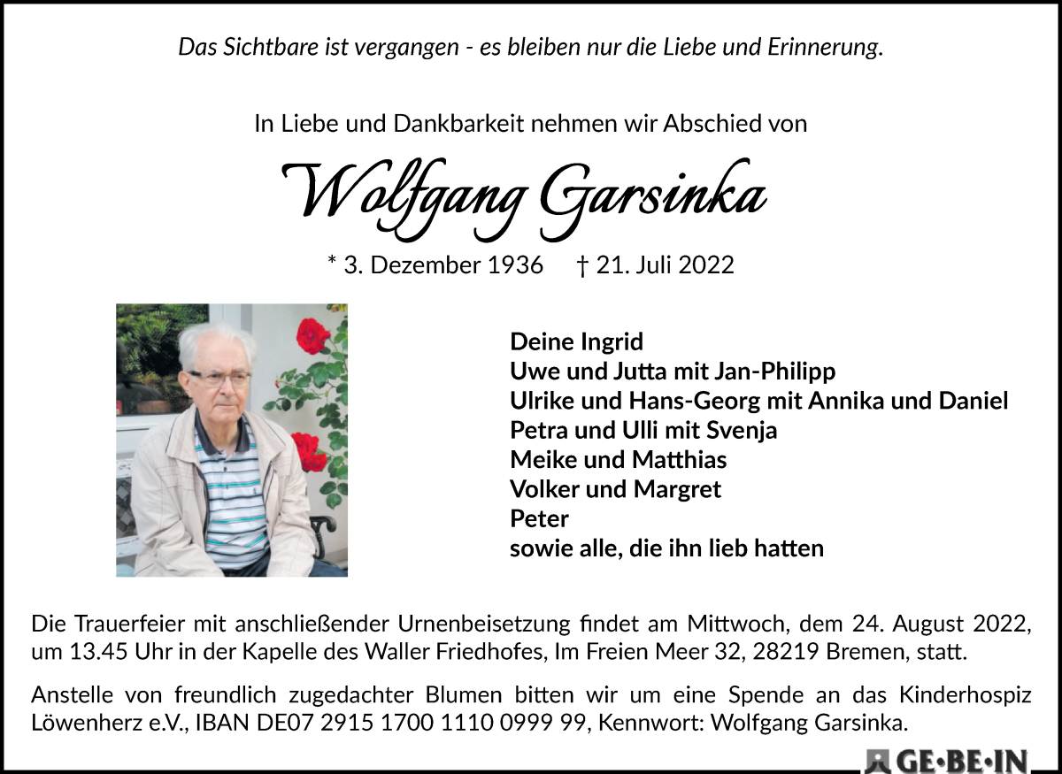 Traueranzeige von Wolfgang Garsinka von WESER-KURIER