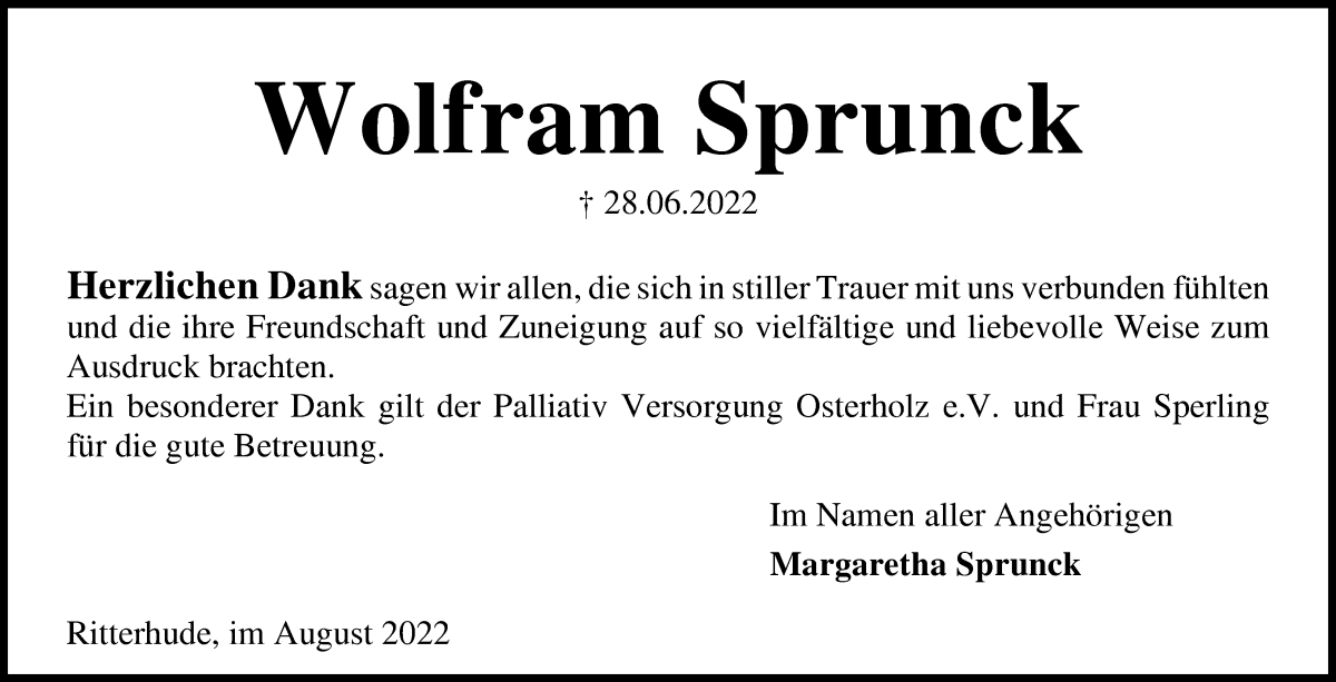 Traueranzeige von Wolfram Sprunck von WESER-KURIER