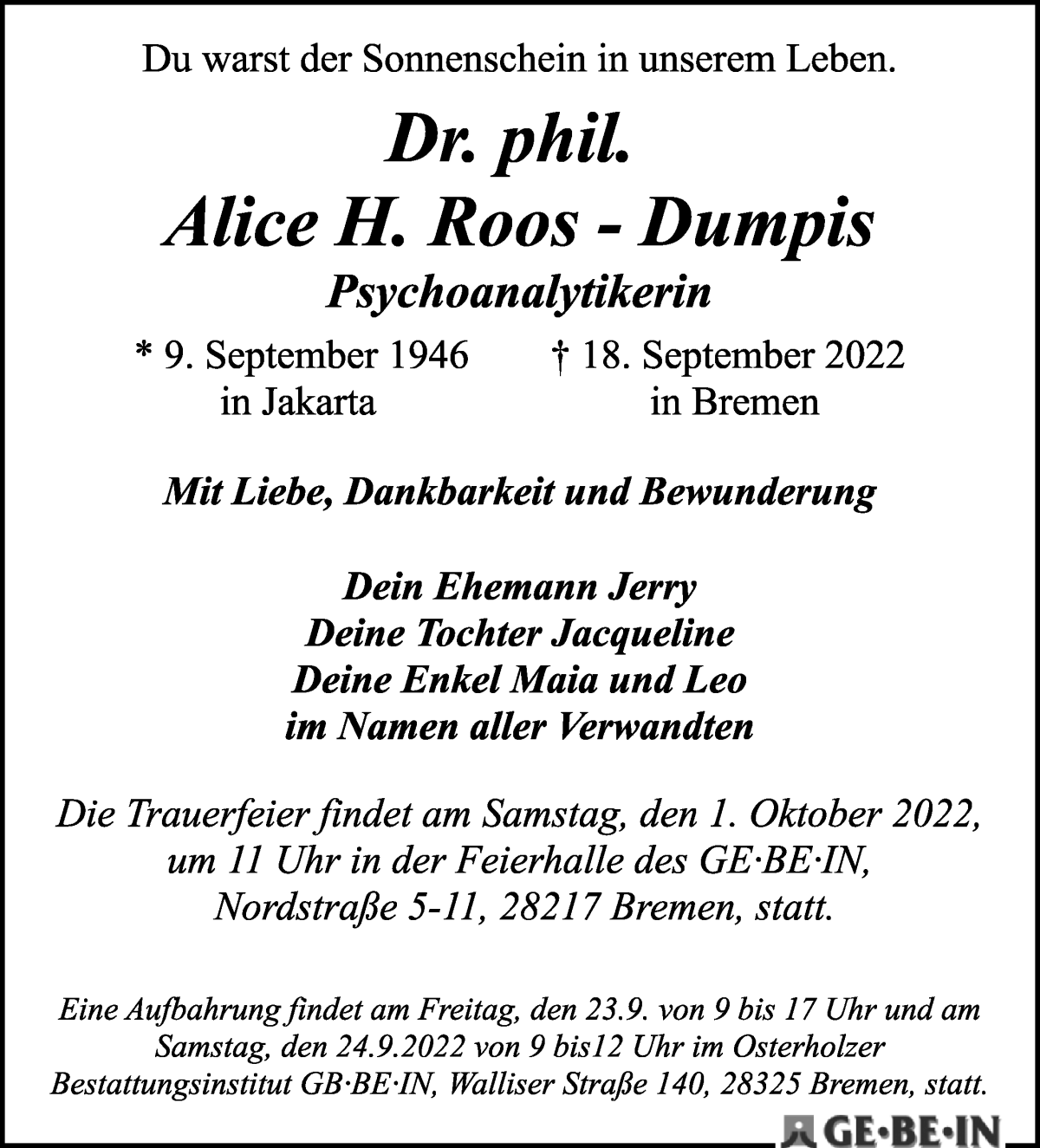 Traueranzeige von Alice H. Roos - Dumpis von WESER-KURIER