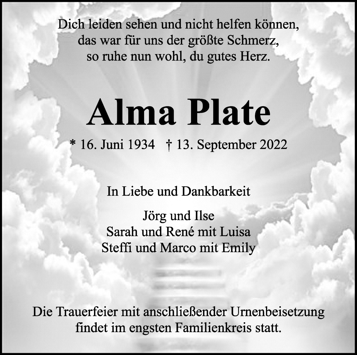 Traueranzeige von Alma Plate von WESER-KURIER