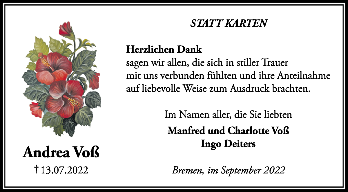 Traueranzeige von Andrea Voß von WESER-KURIER