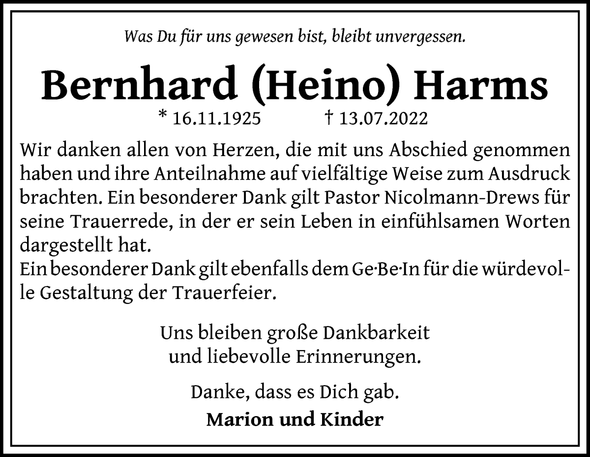 Traueranzeige von Bernhard Harms von WESER-KURIER