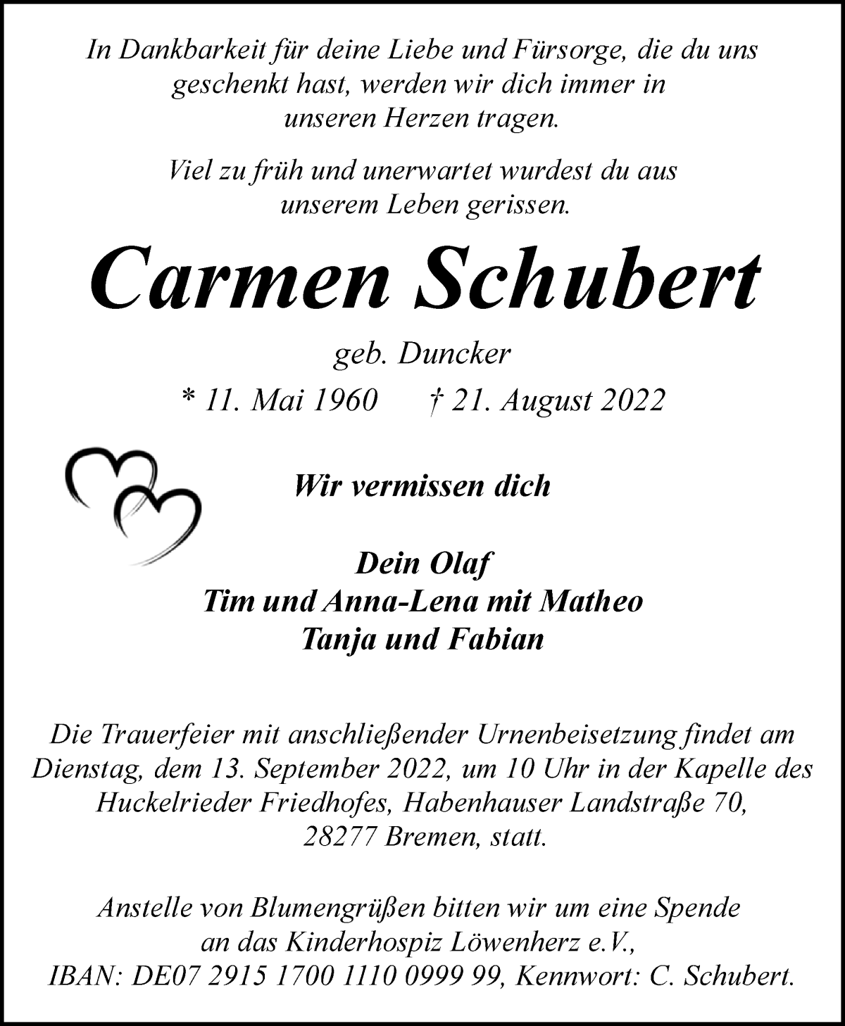 Traueranzeige von Carmen Schubert von WESER-KURIER