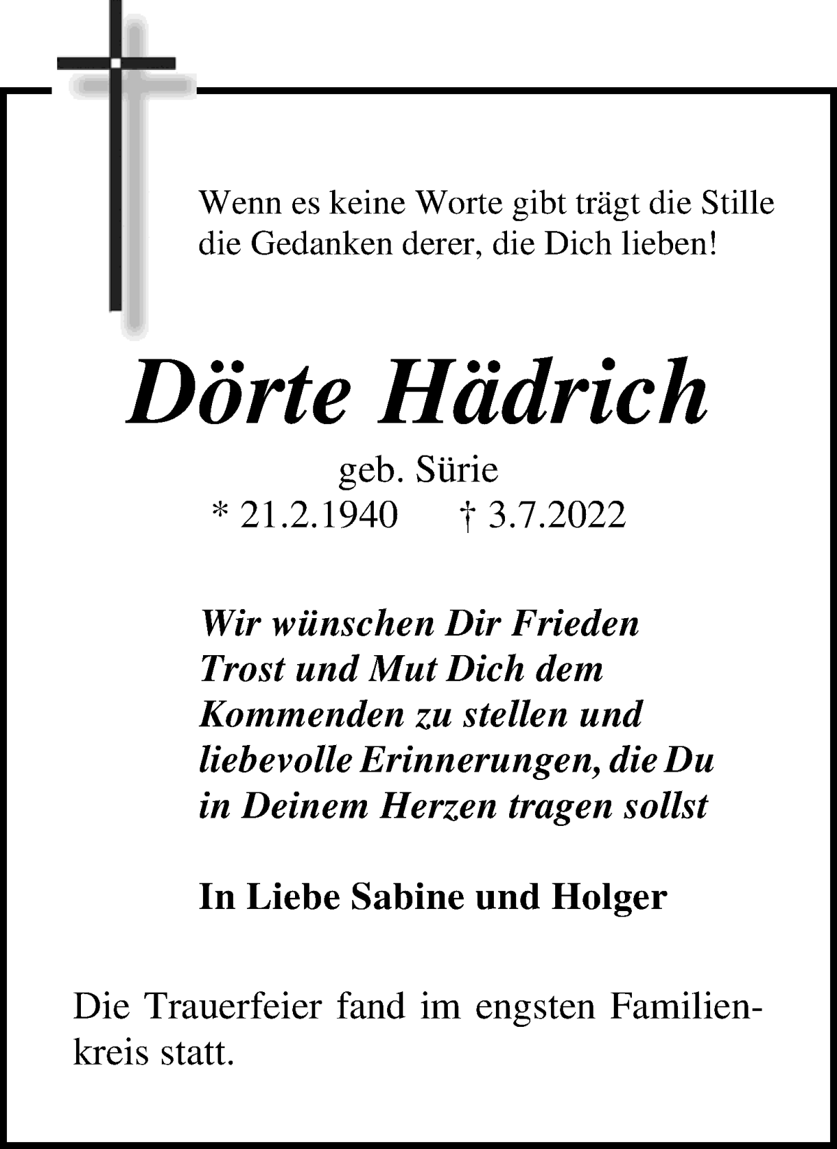 Traueranzeige von Dörte Hädrich von WESER-KURIER