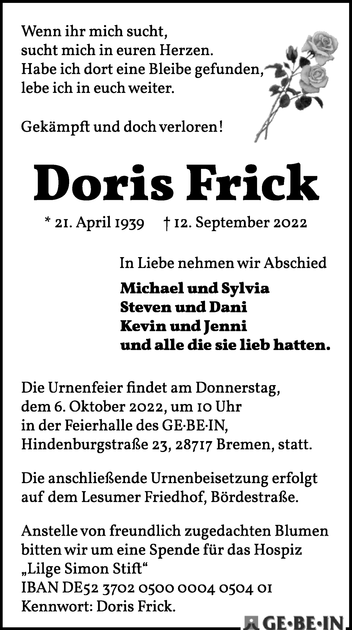 Traueranzeige von Doris Frick von Die Norddeutsche
