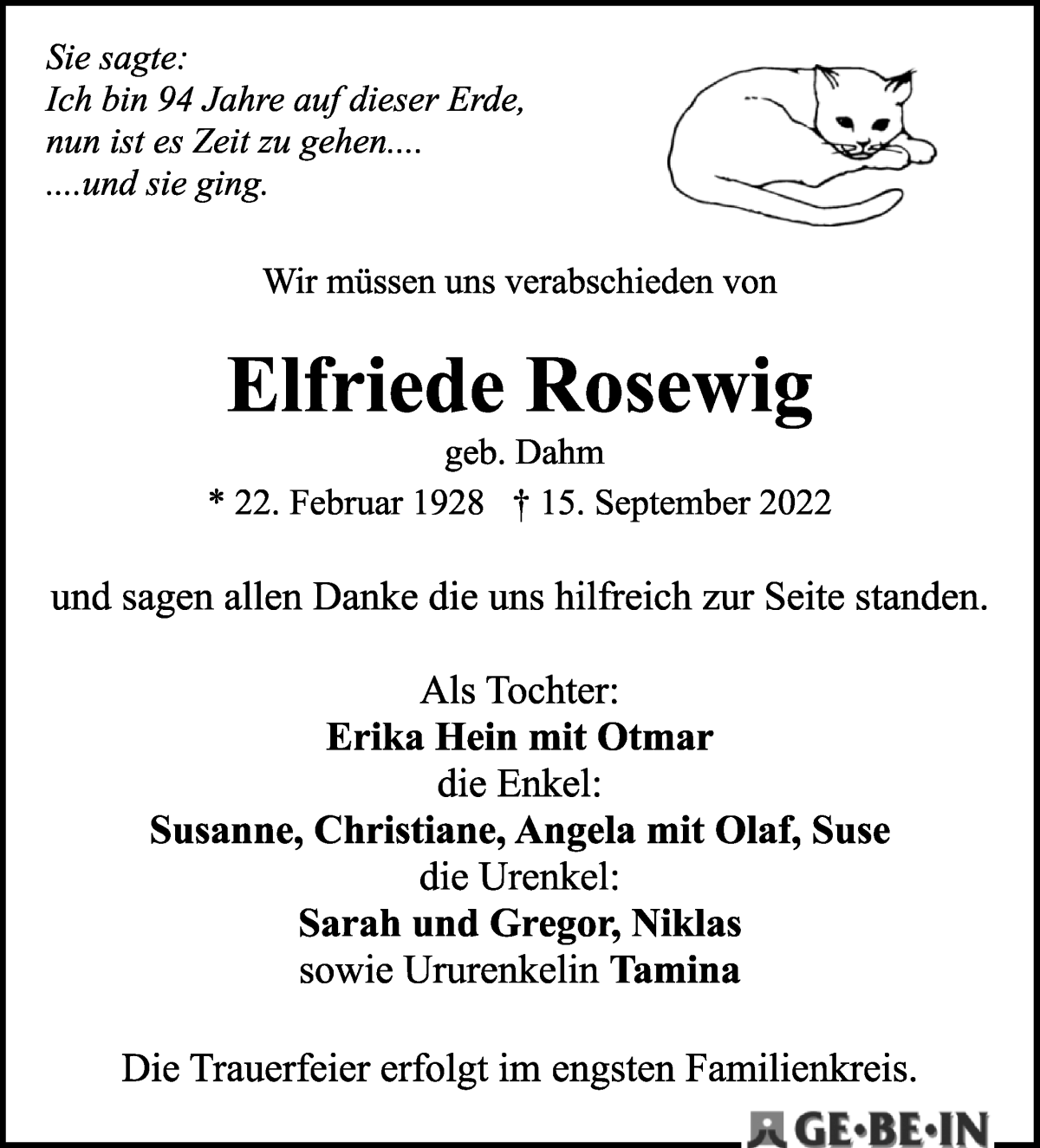 Traueranzeige von Elfriede Rosewig von WESER-KURIER