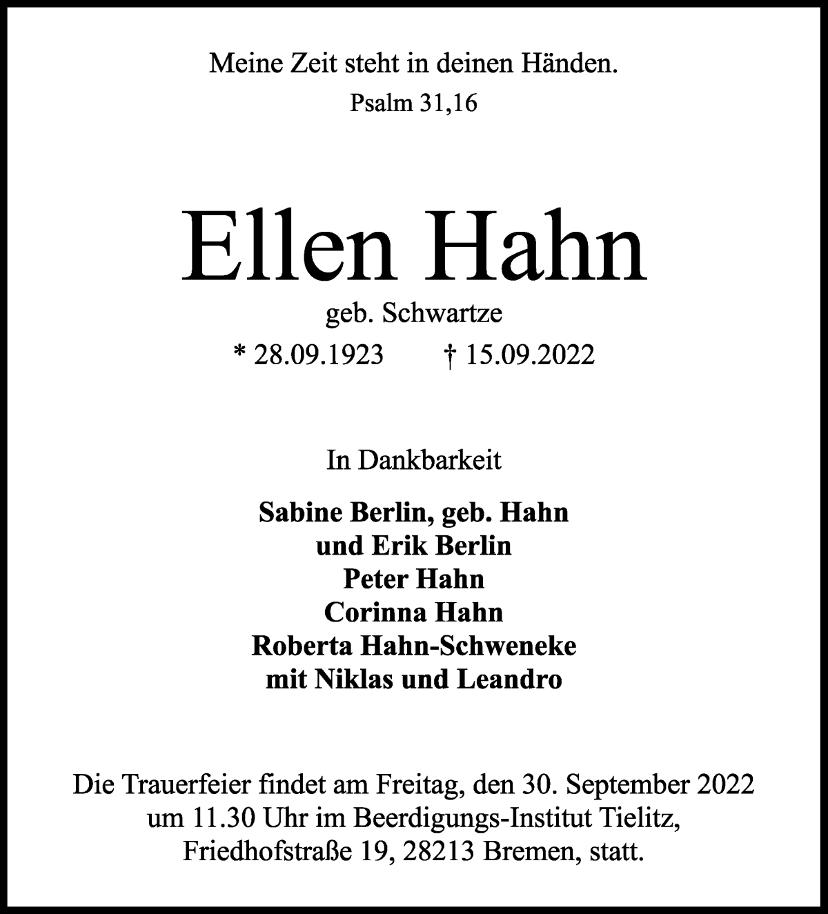 Traueranzeige von Ellen Hahn von WESER-KURIER