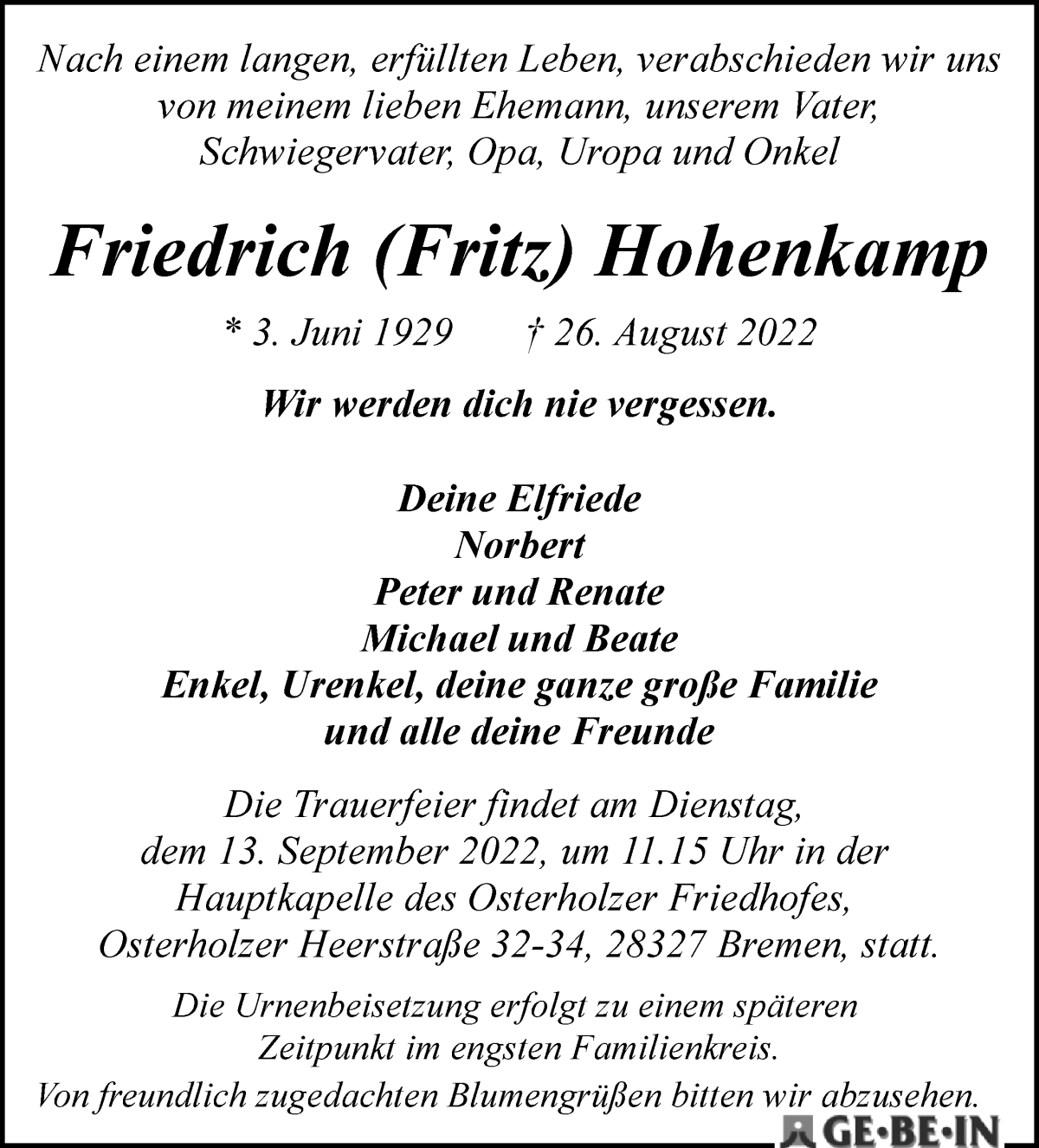 Traueranzeige von Friedrich  Hohenkamp von WESER-KURIER