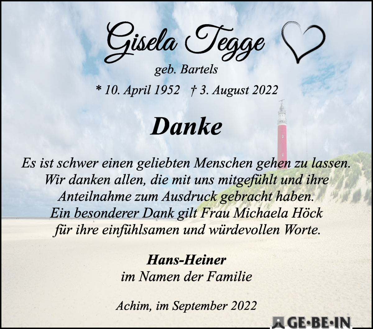 Traueranzeige von Gisela Tegge von WESER-KURIER