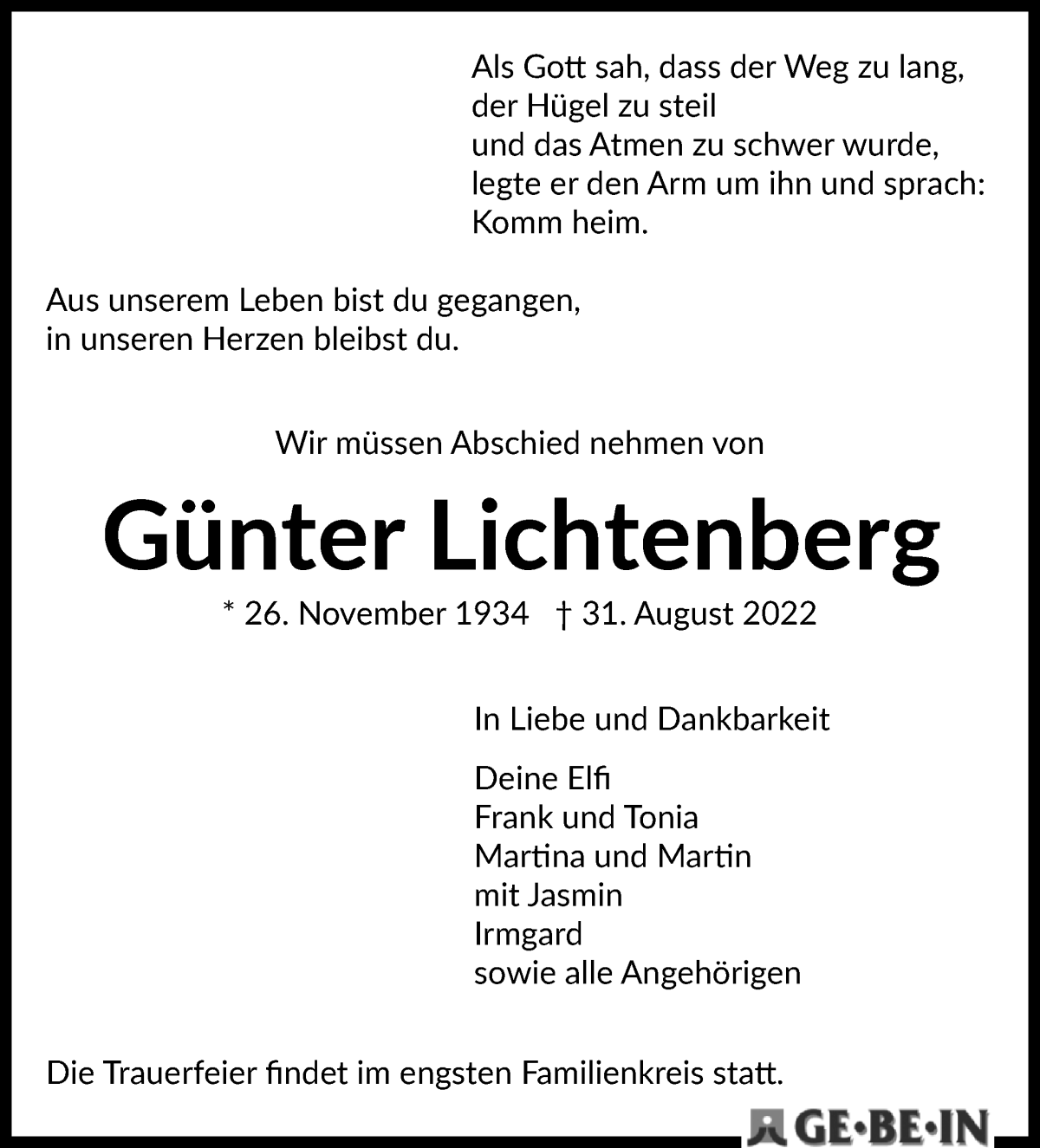 Traueranzeige von Günter Lichtenberg von WESER-KURIER