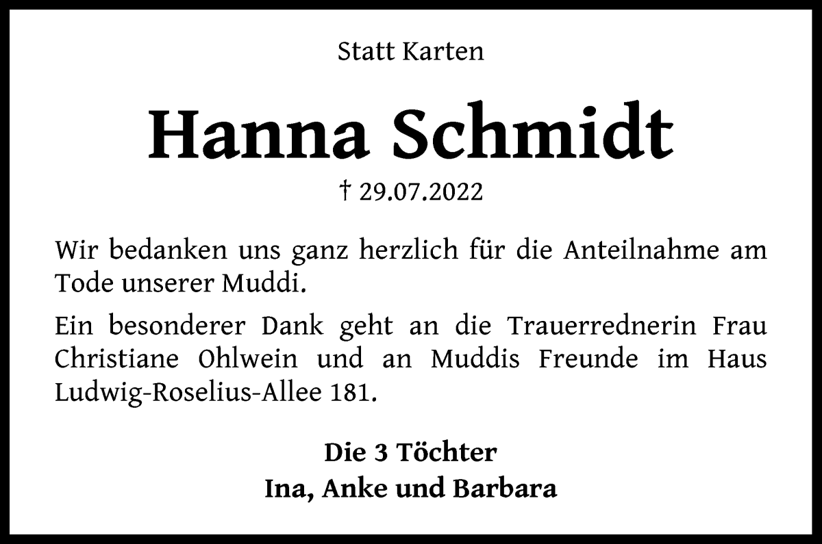 Traueranzeige von Hanna Schmidt von WESER-KURIER