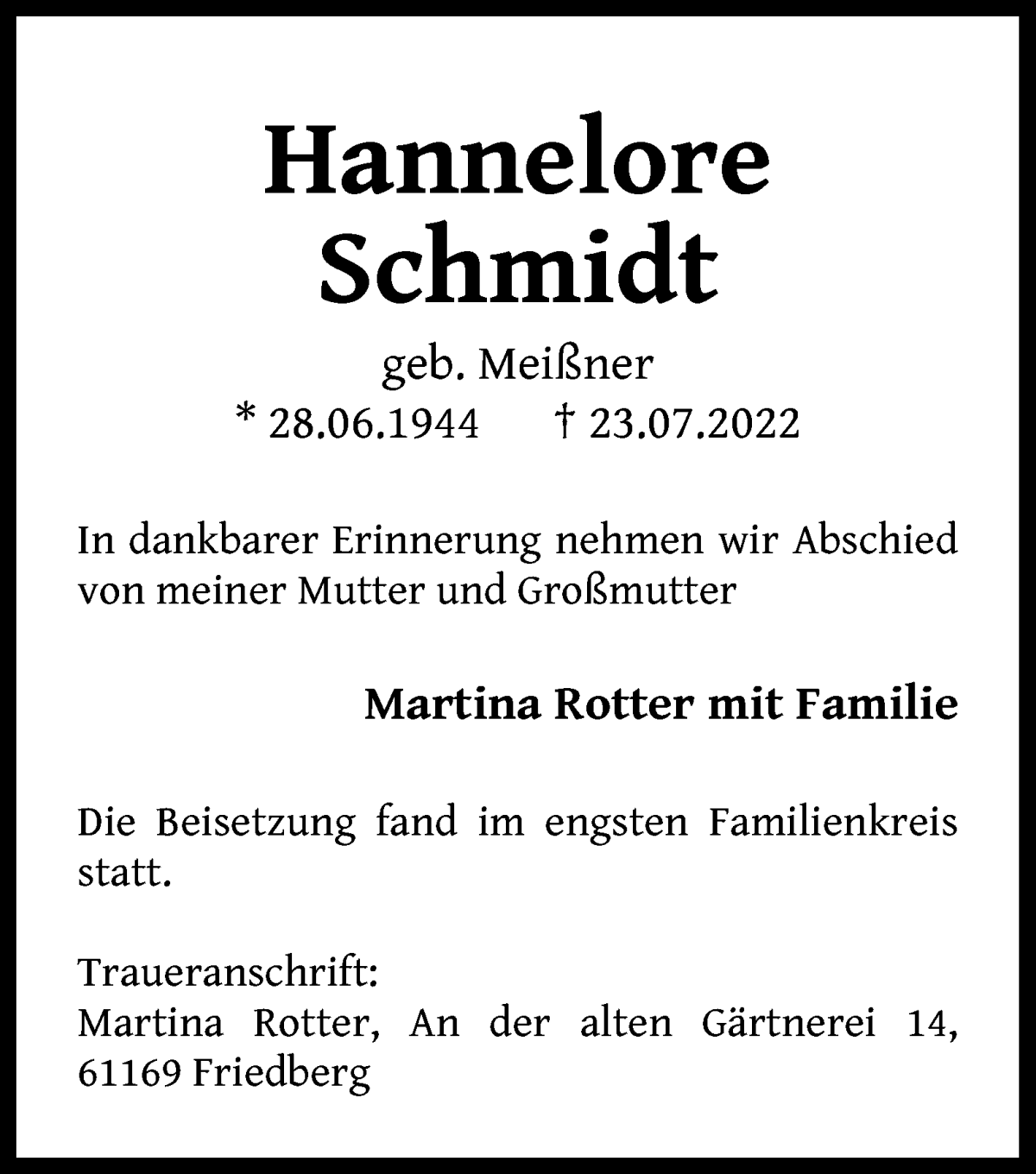 Traueranzeige von Hannelore Schmidt von WESER-KURIER