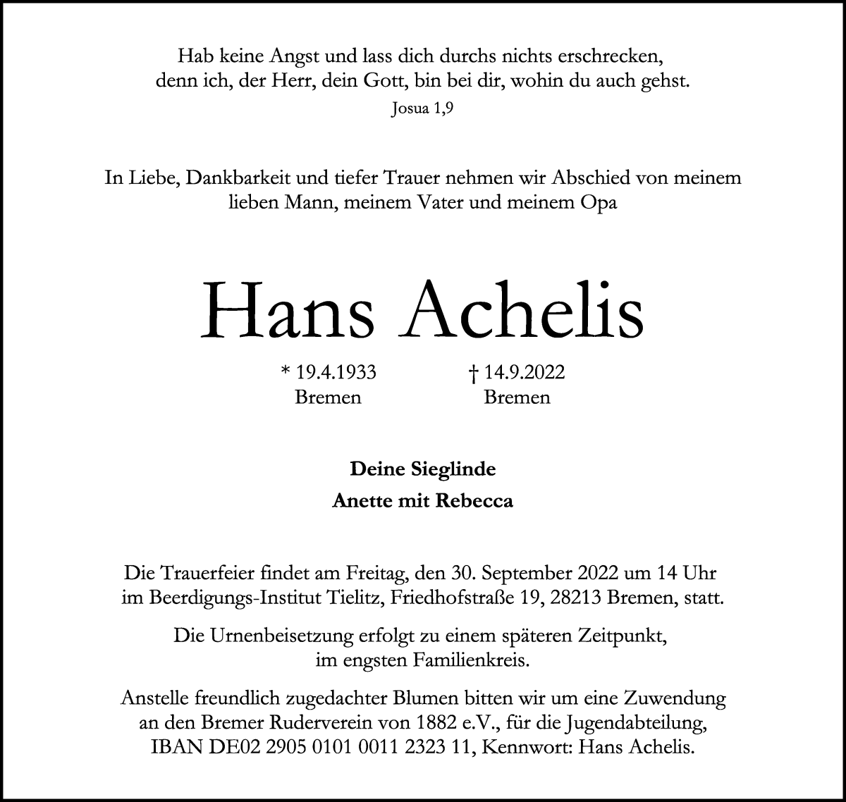 Traueranzeige von Hans Achelis von WESER-KURIER