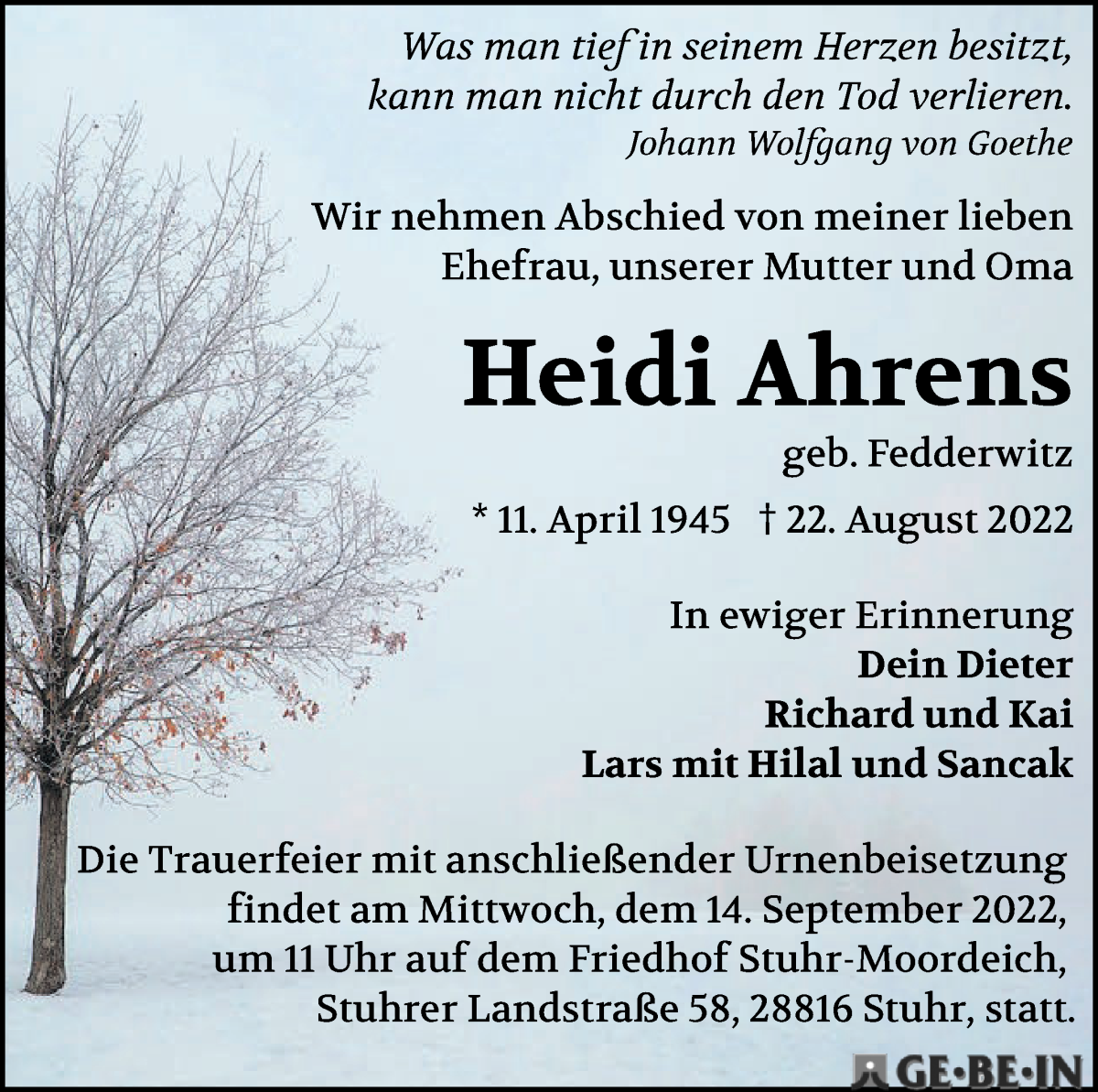 Traueranzeige von Heidi Ahrens von WESER-KURIER