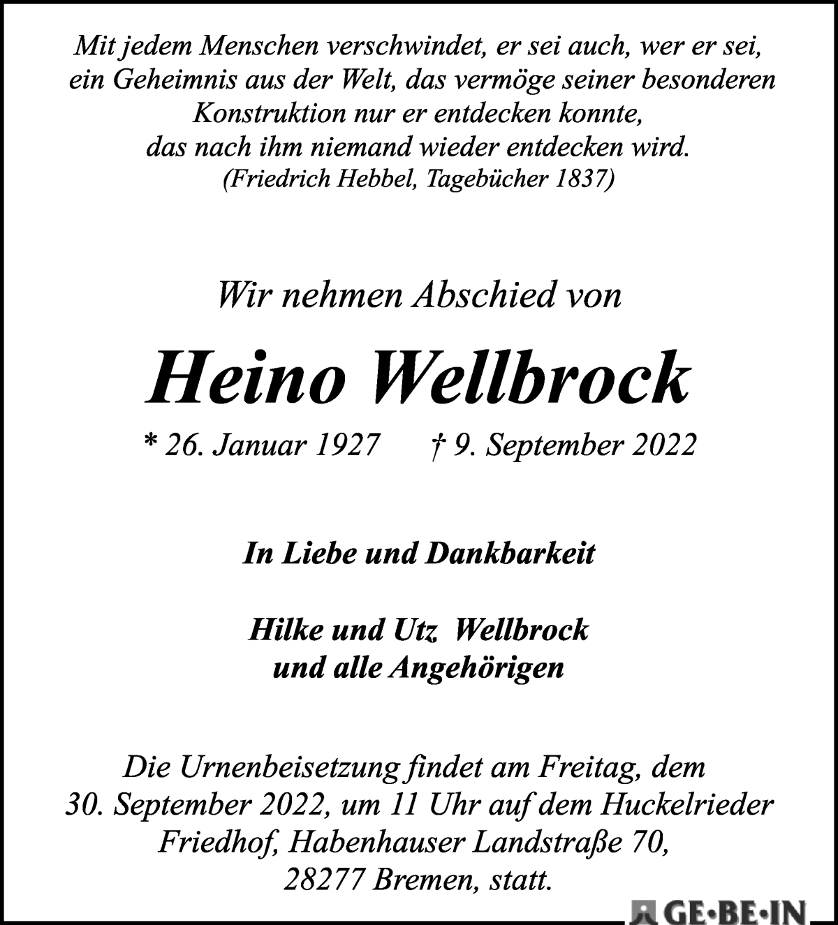 Traueranzeige von Heino Wellbrock von Osterholzer Kreisblatt