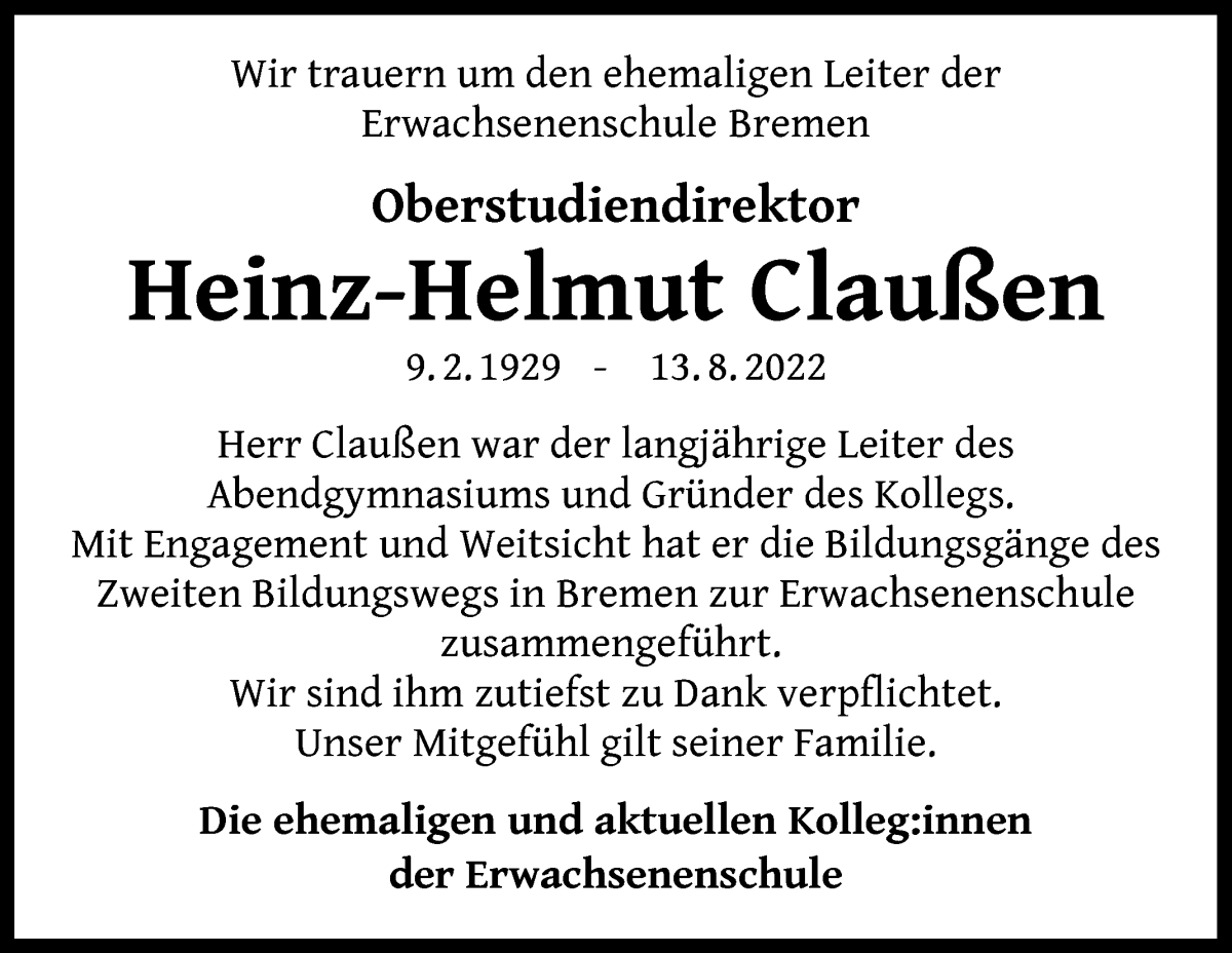 Traueranzeige von Heinz-Helmut Claußen von WESER-KURIER