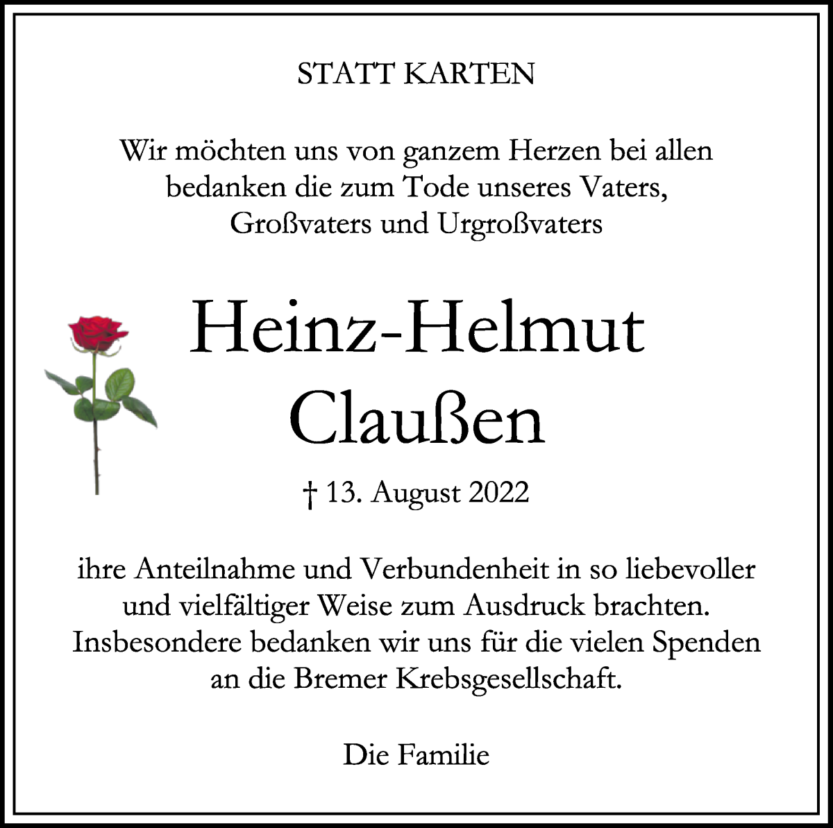 Traueranzeige von Heinz-Helmut Claußen von WESER-KURIER