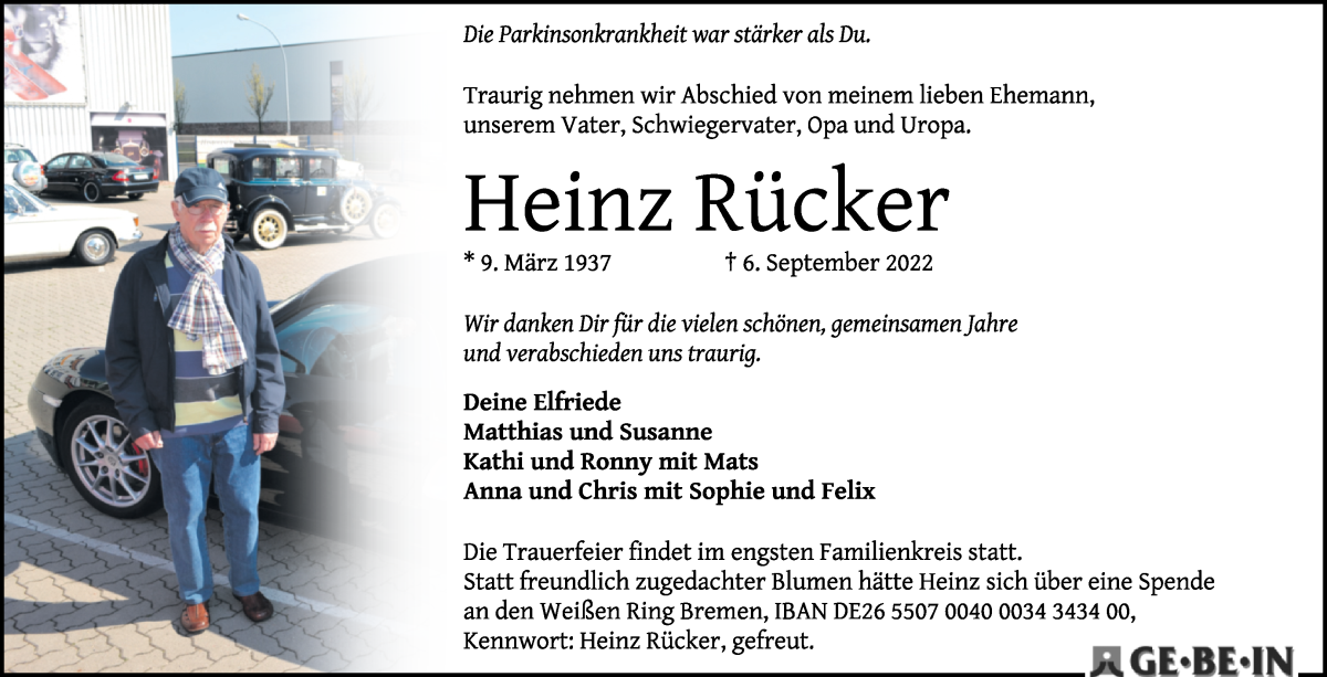 Traueranzeige von Heinz Rücker von WESER-KURIER