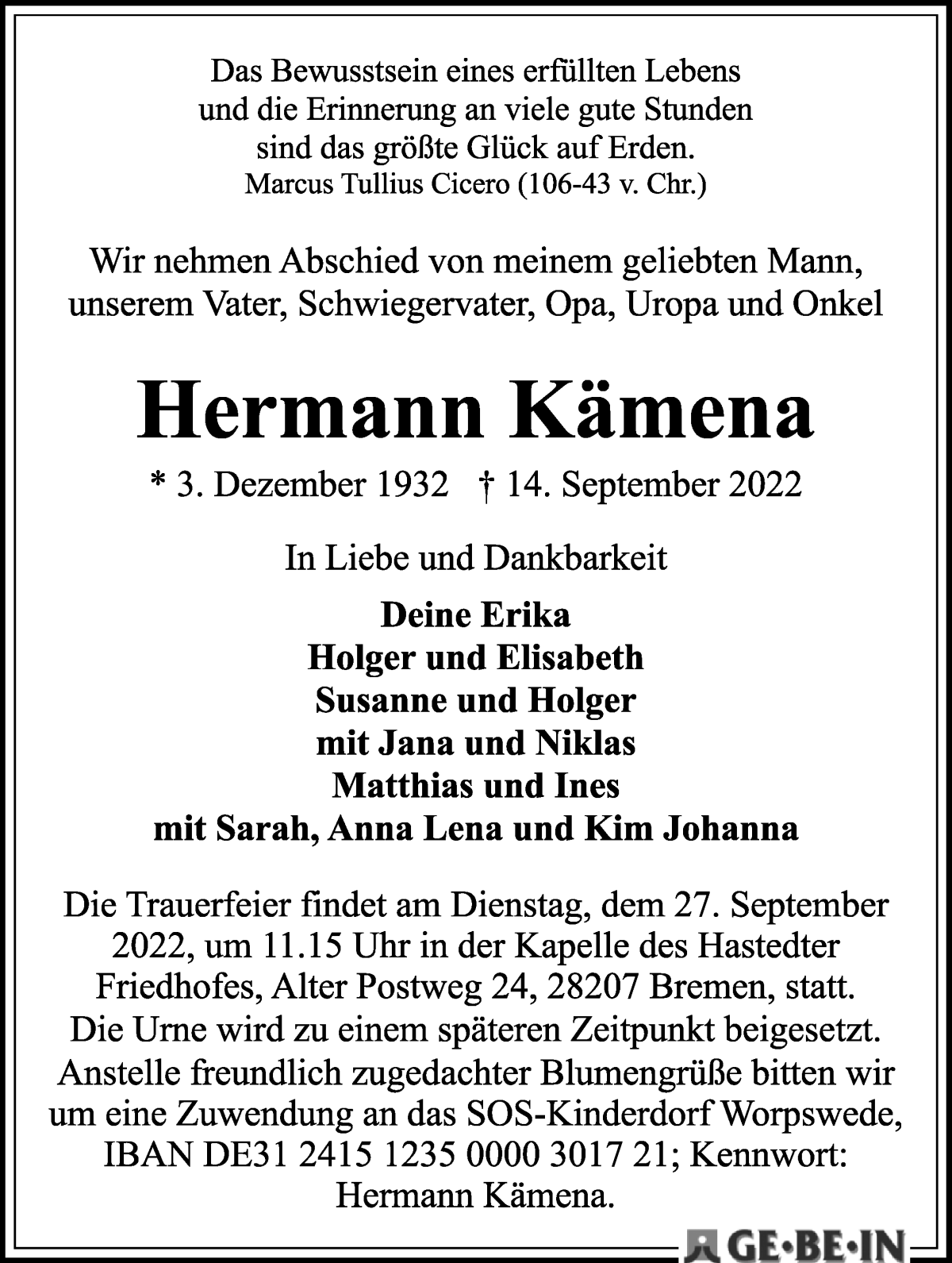 Traueranzeige von Hermann Kämena von WESER-KURIER