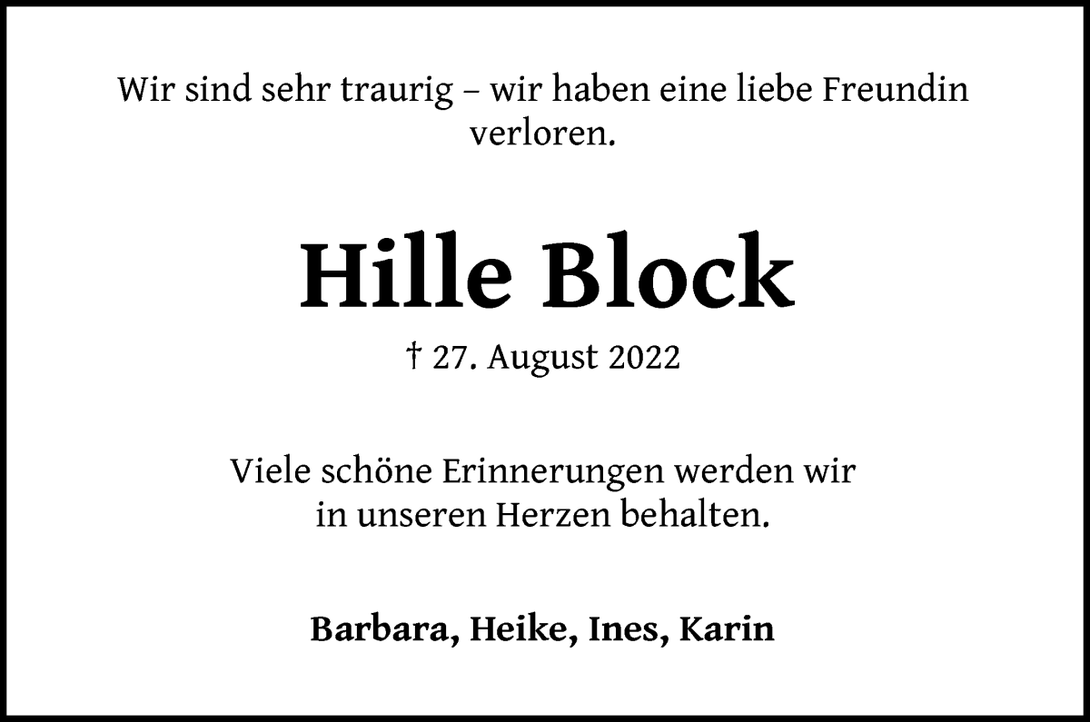 Traueranzeige von Hildburg Block von WESER-KURIER