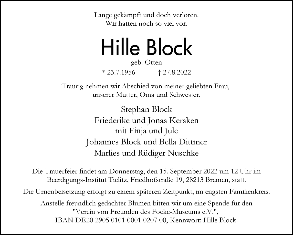 Traueranzeige von Hildburg Block von WESER-KURIER