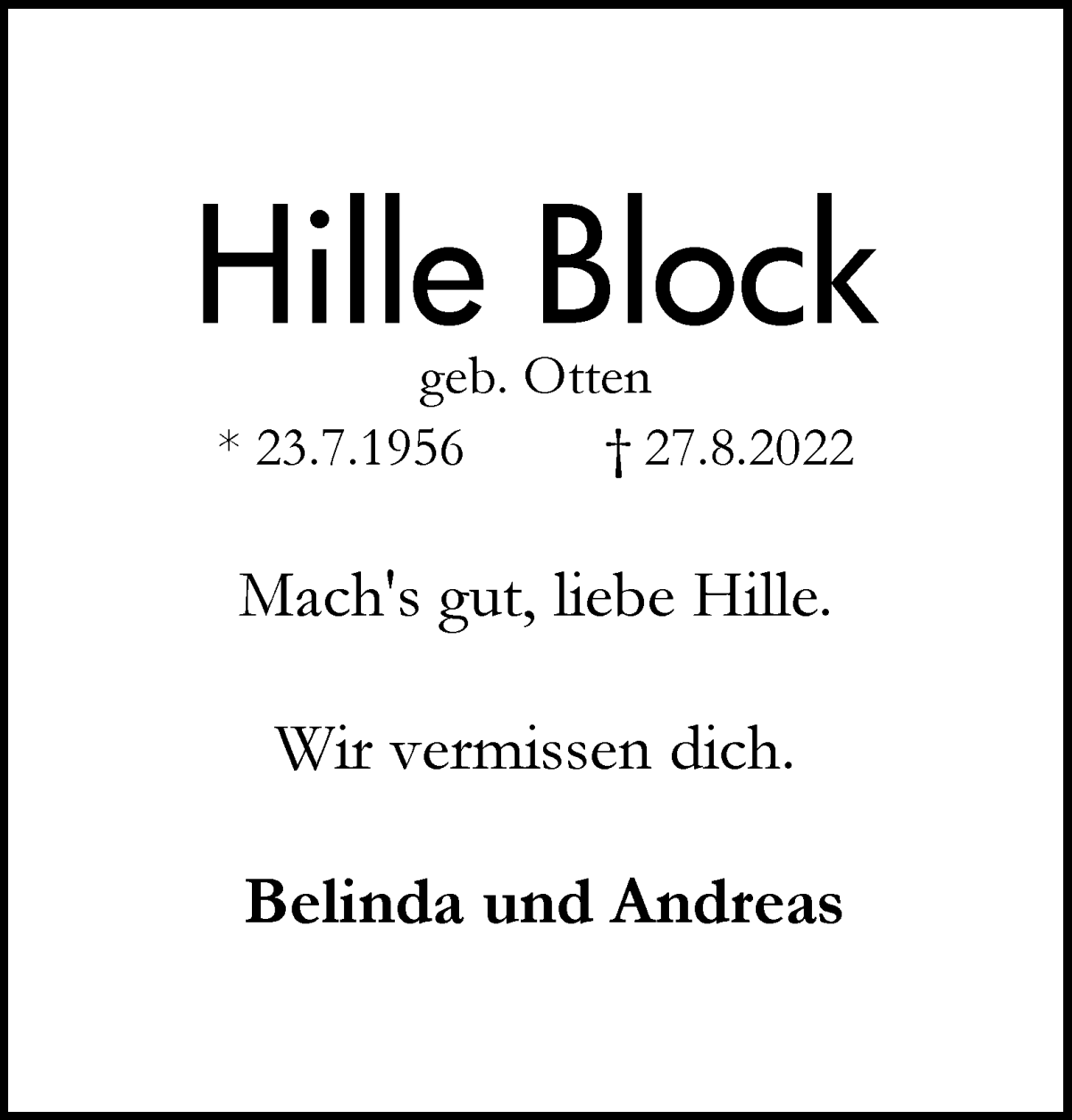 Traueranzeige von Hildburg Block von WESER-KURIER