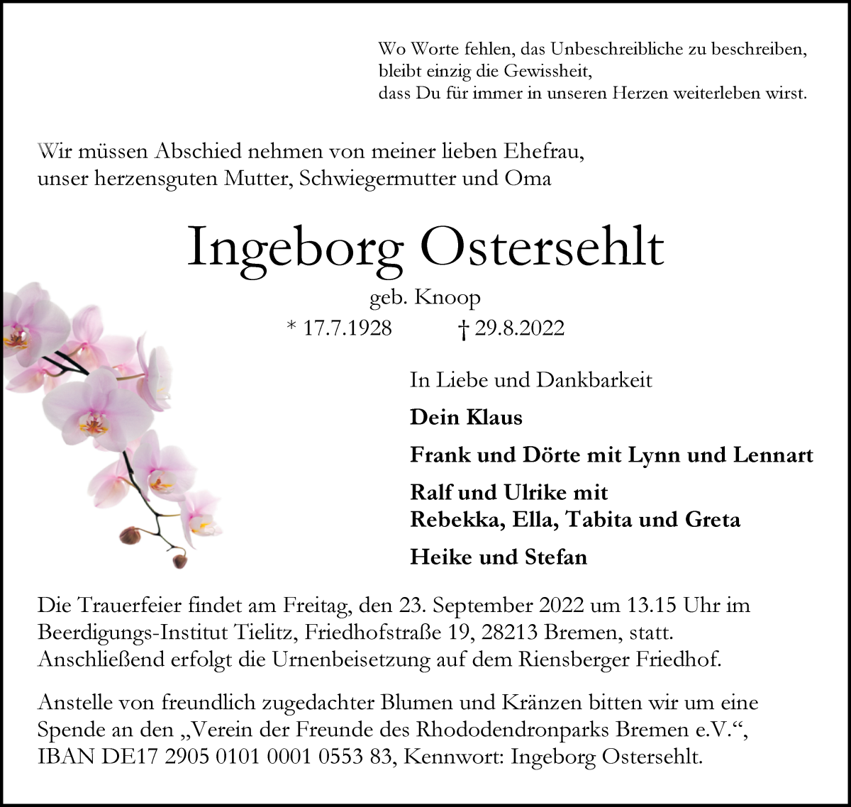 Traueranzeige von Ingeborg Ostersehlt von WESER-KURIER