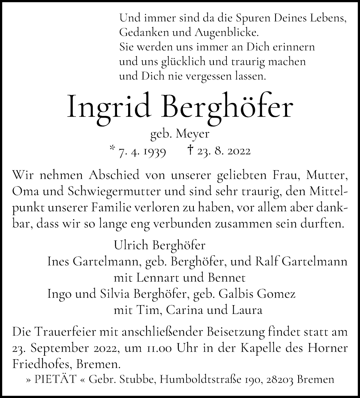 Traueranzeige von Ingrid Berghöfer von WESER-KURIER