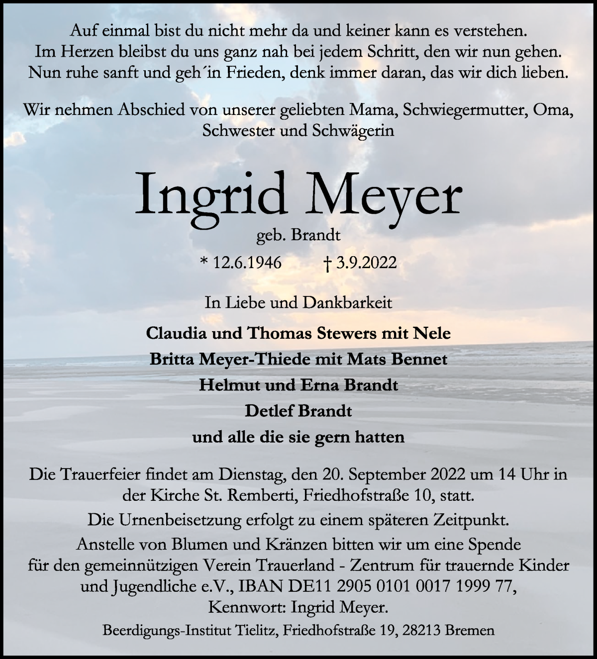 Traueranzeige von Ingrid Meyer von WESER-KURIER