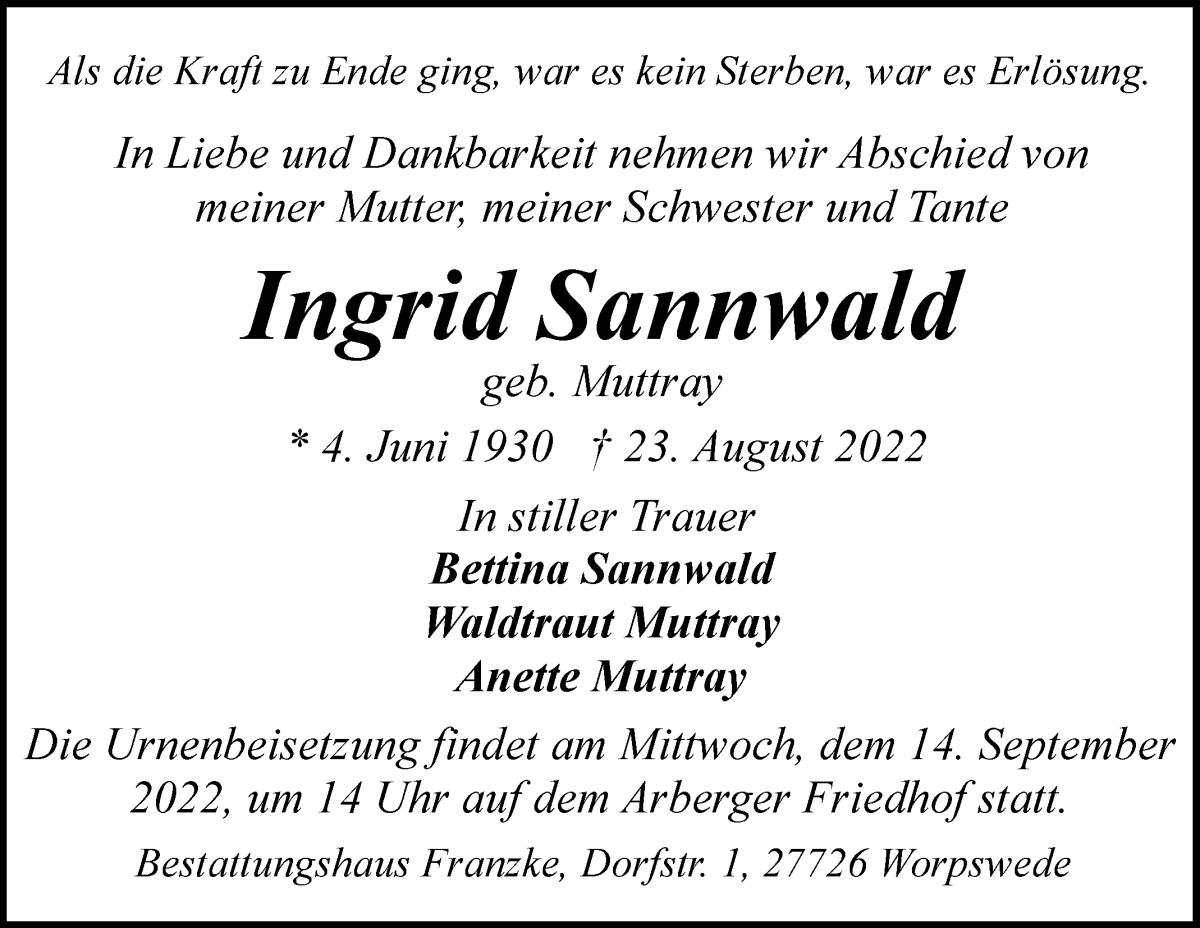 Traueranzeige von Ingrid Sannwald von WESER-KURIER
