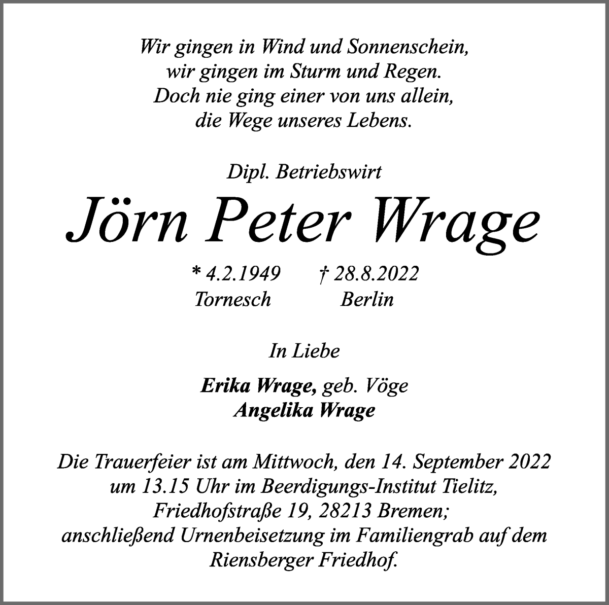 Traueranzeige von Jörn Peter Wrage von WESER-KURIER