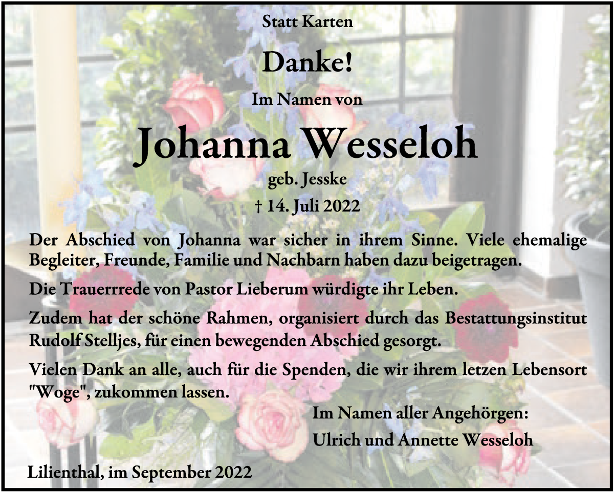 Traueranzeige von Johanna Wesseloh von Wuemme Zeitung