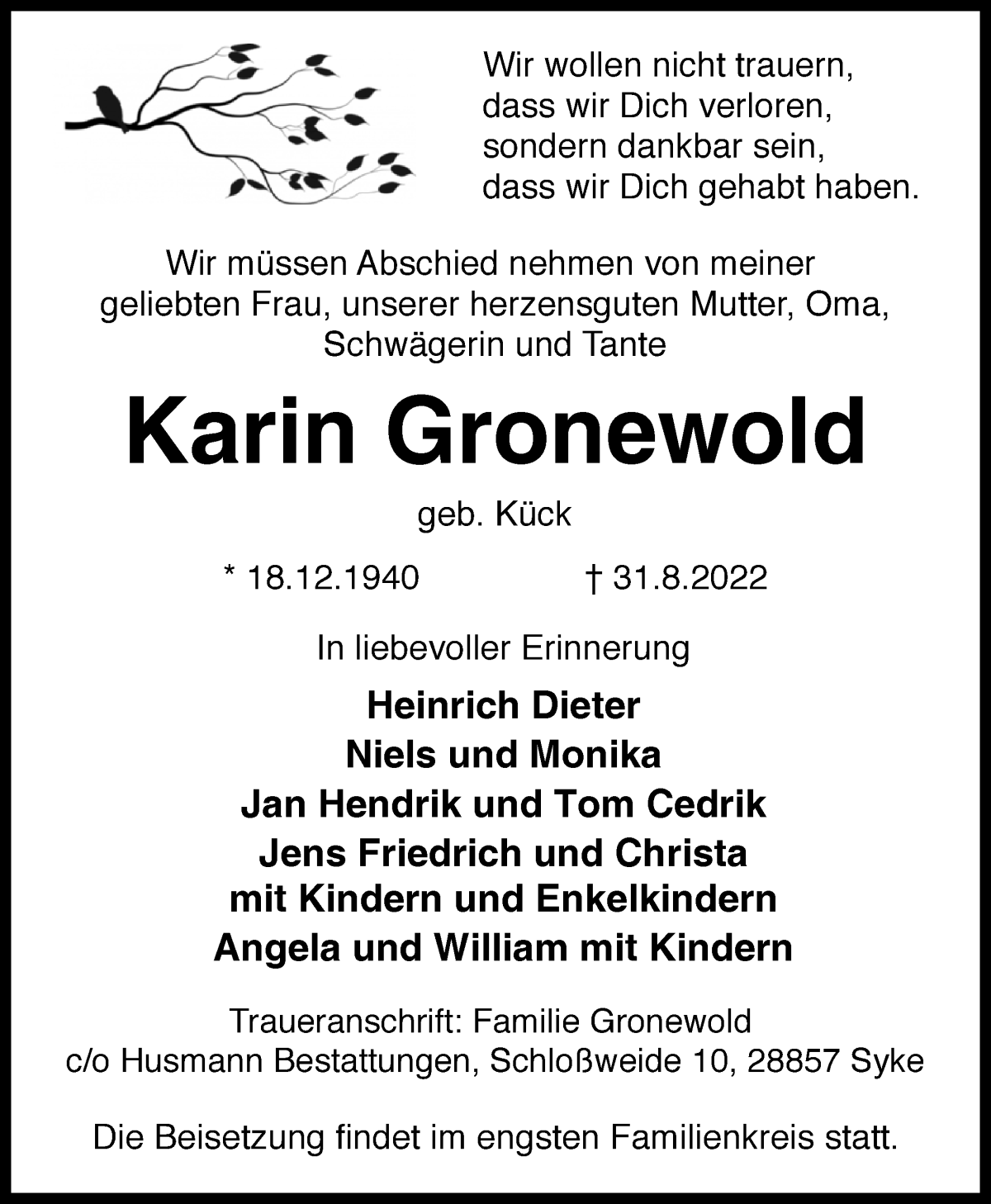 Traueranzeige von Karin Gronewold von WESER-KURIER