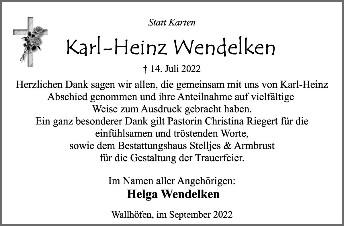 Traueranzeige von Karl-Heinz Wendelken von Osterholzer Kreisblatt