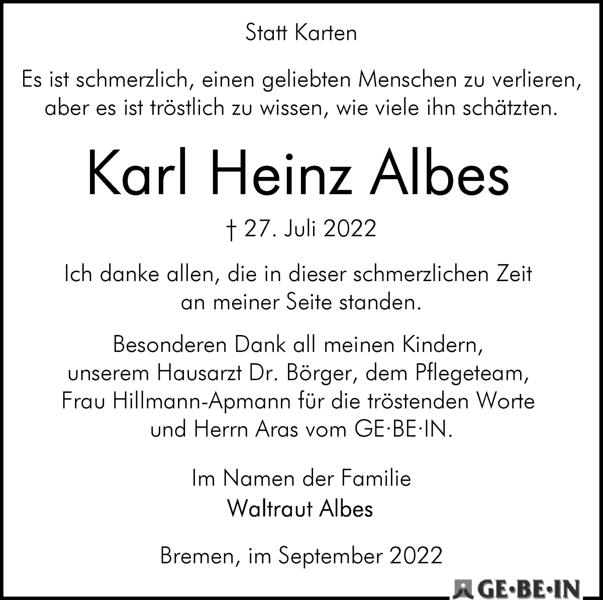 Traueranzeige von Karl Heinz Albes von WESER-KURIER