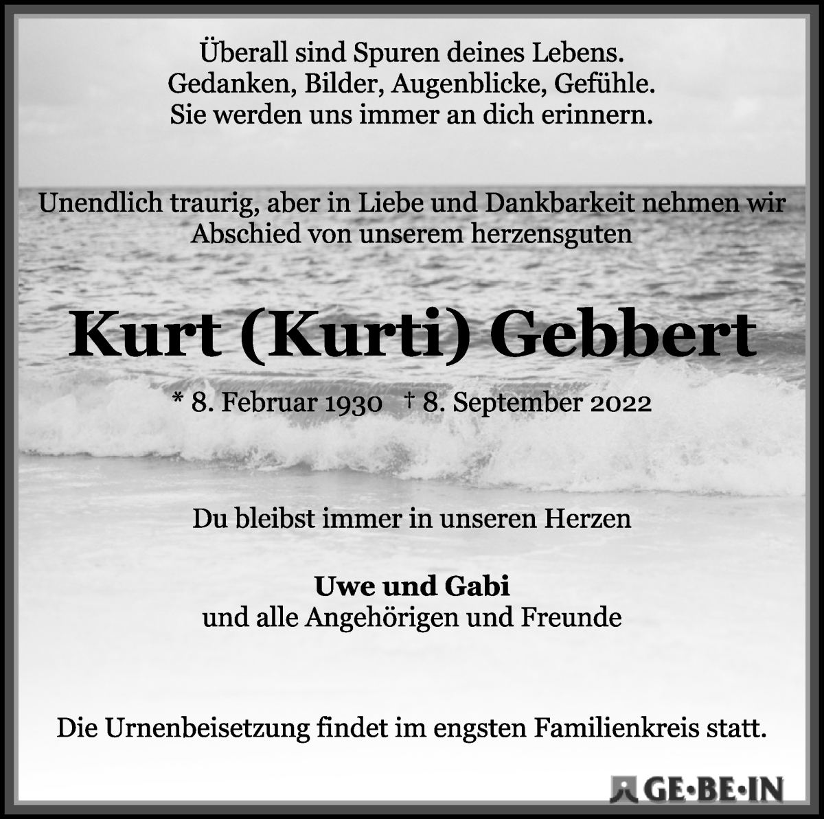 Traueranzeige von Kurt Gebbert von WESER-KURIER