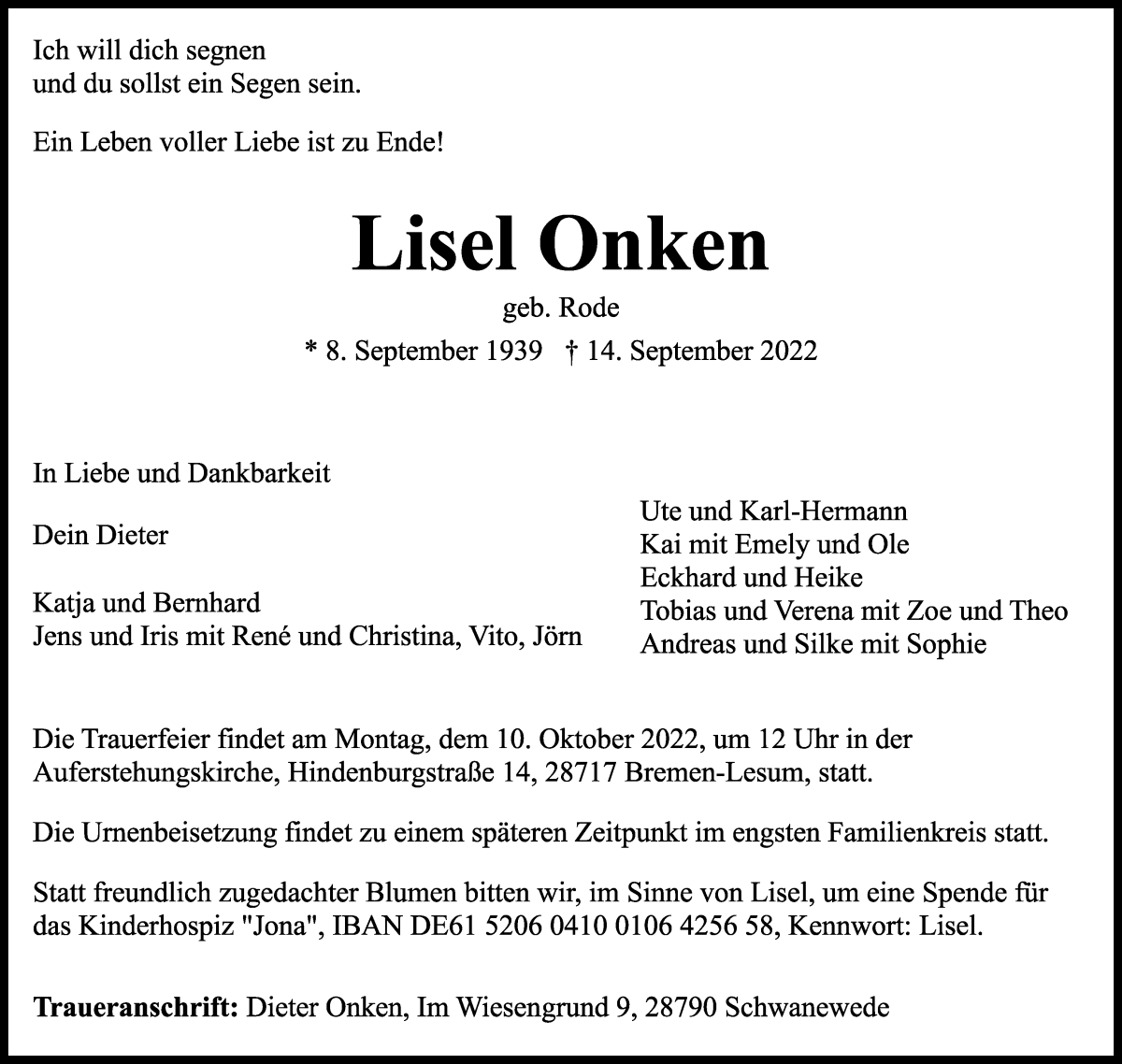 Traueranzeige von Liselotte Onken von WESER-KURIER