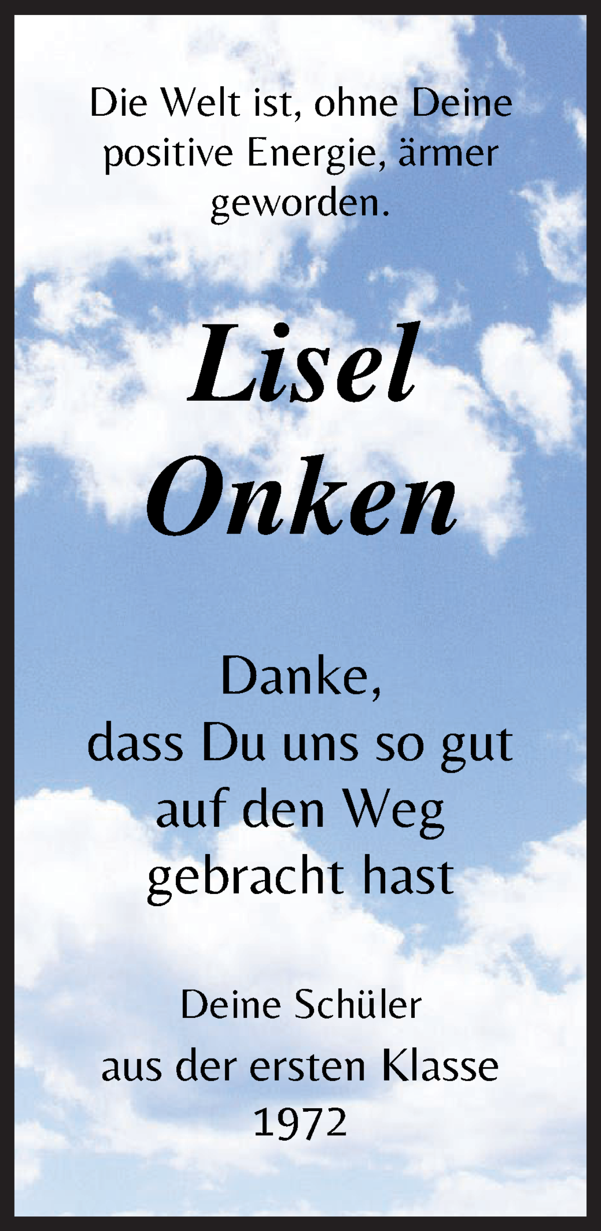 Traueranzeige von Liselotte Onken von Die Norddeutsche