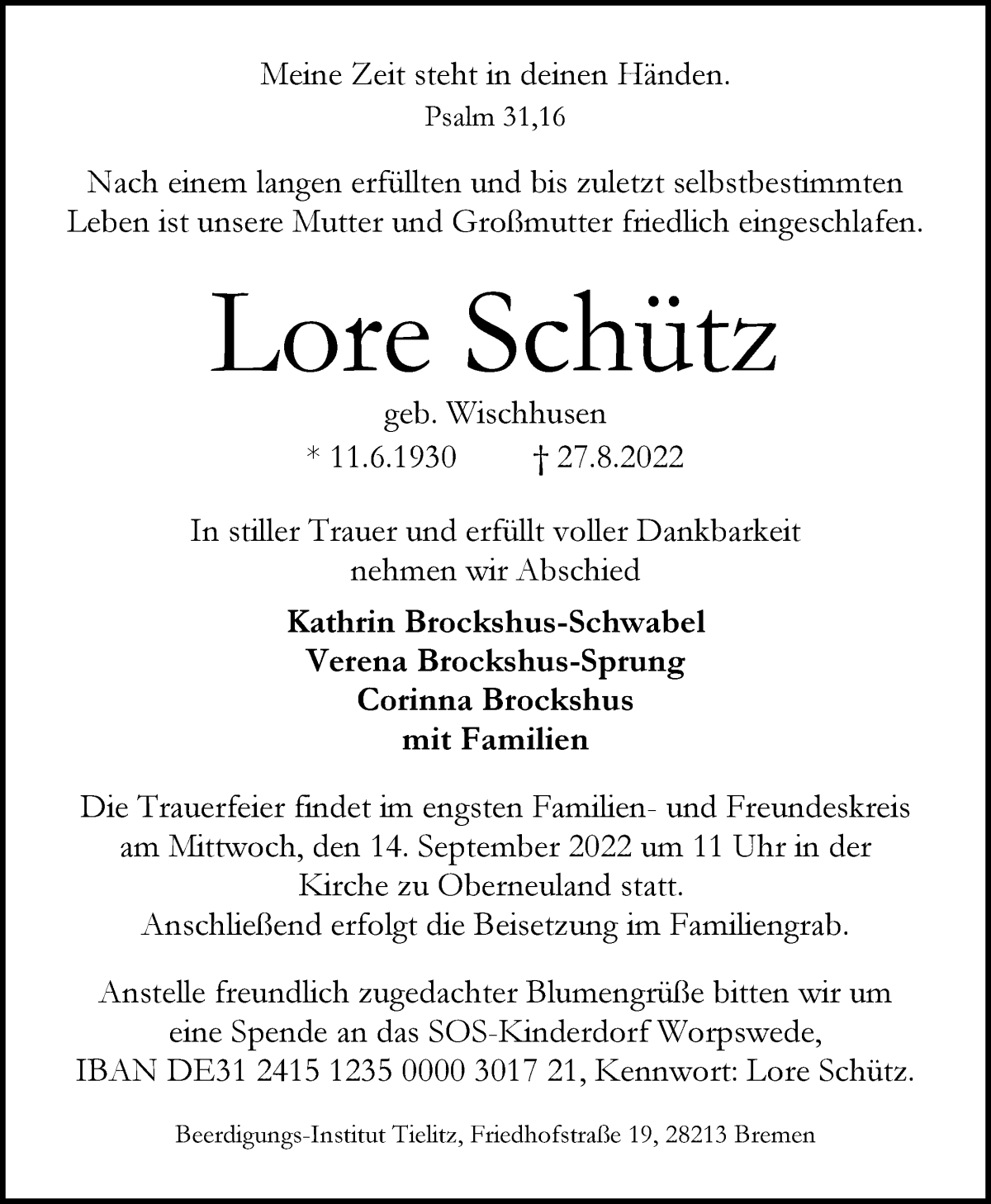 Traueranzeige von Lore Schütz von WESER-KURIER