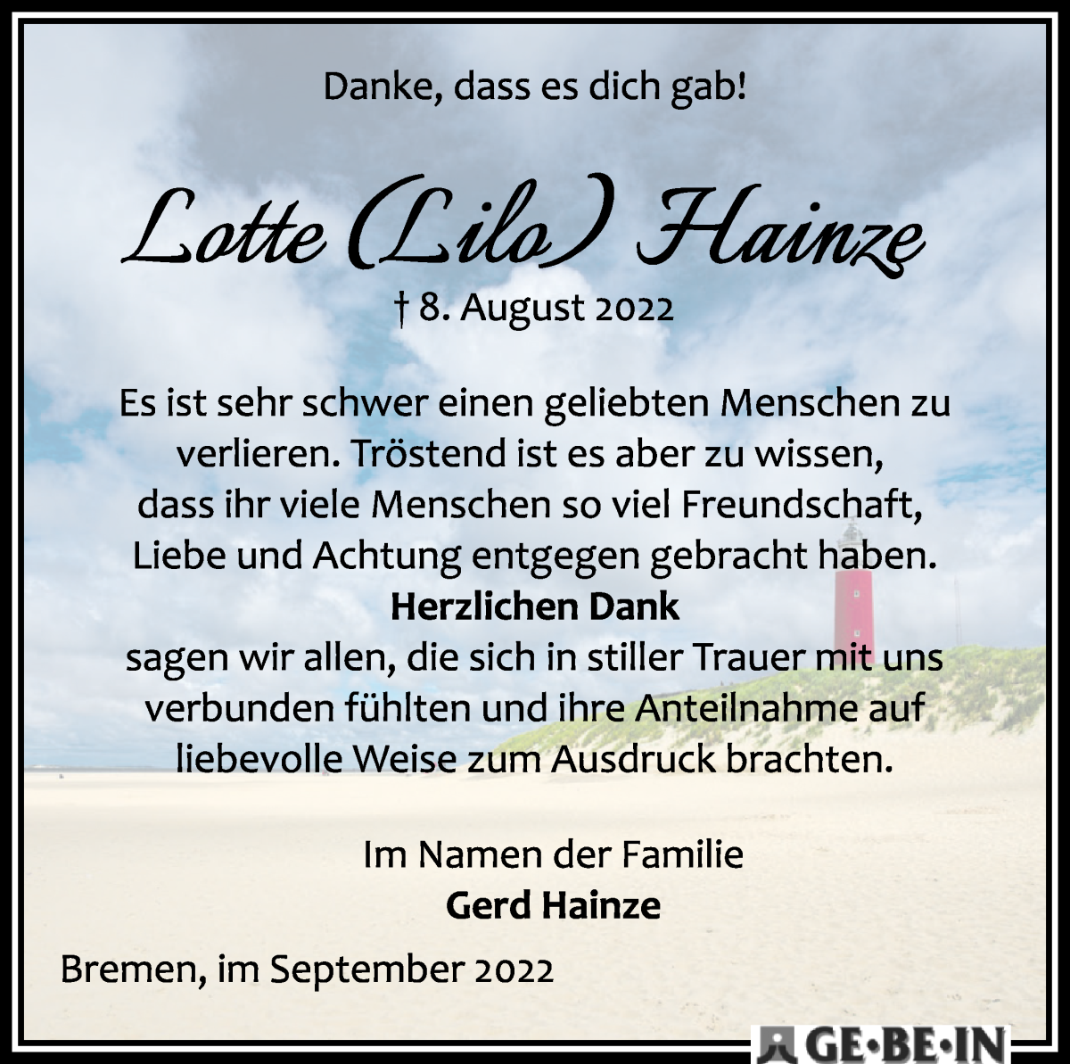 Traueranzeige von Lotte Hainze von WESER-KURIER