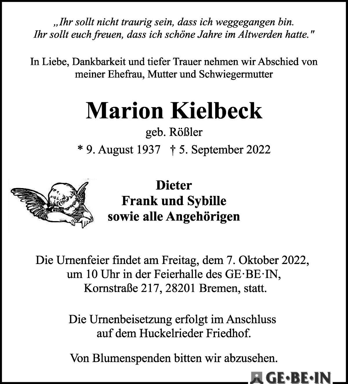 Traueranzeige von Marion Kielbeck von WESER-KURIER
