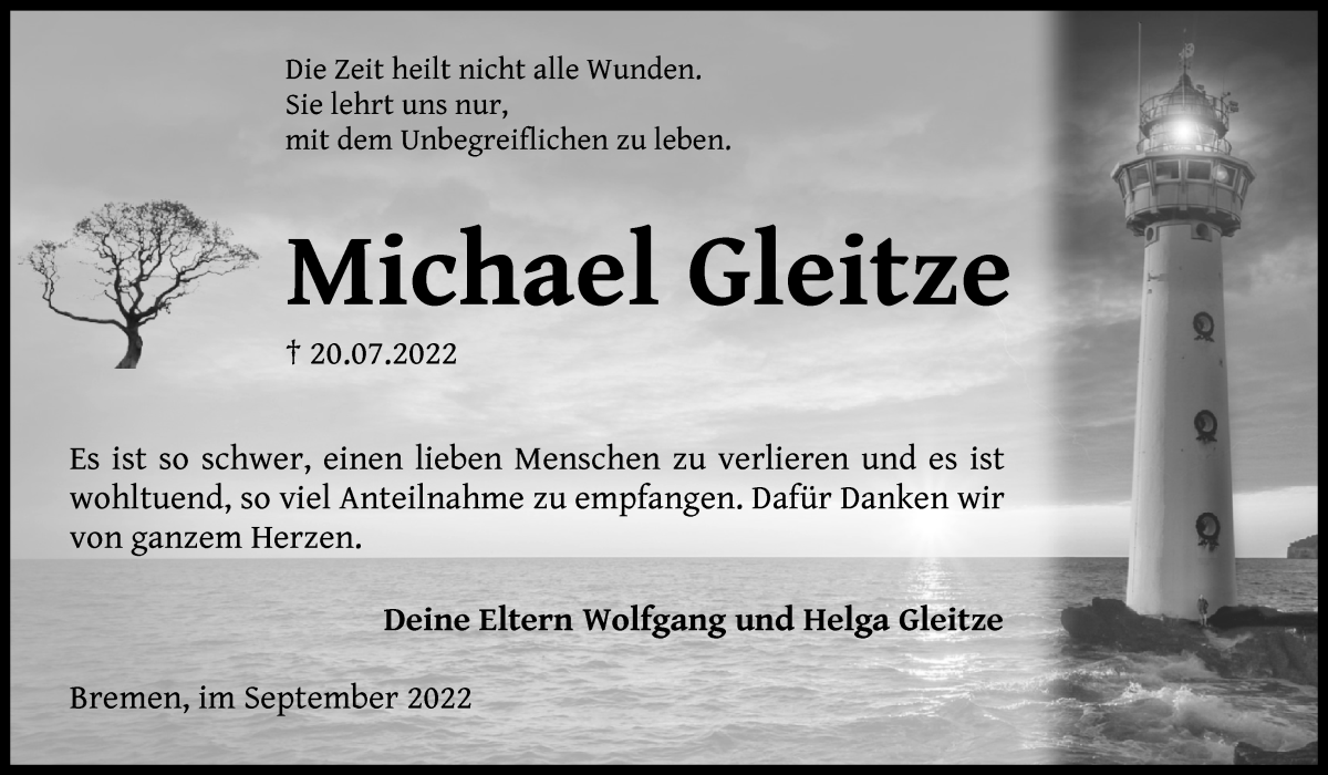 Traueranzeige von Michael Gleitze von Die Norddeutsche