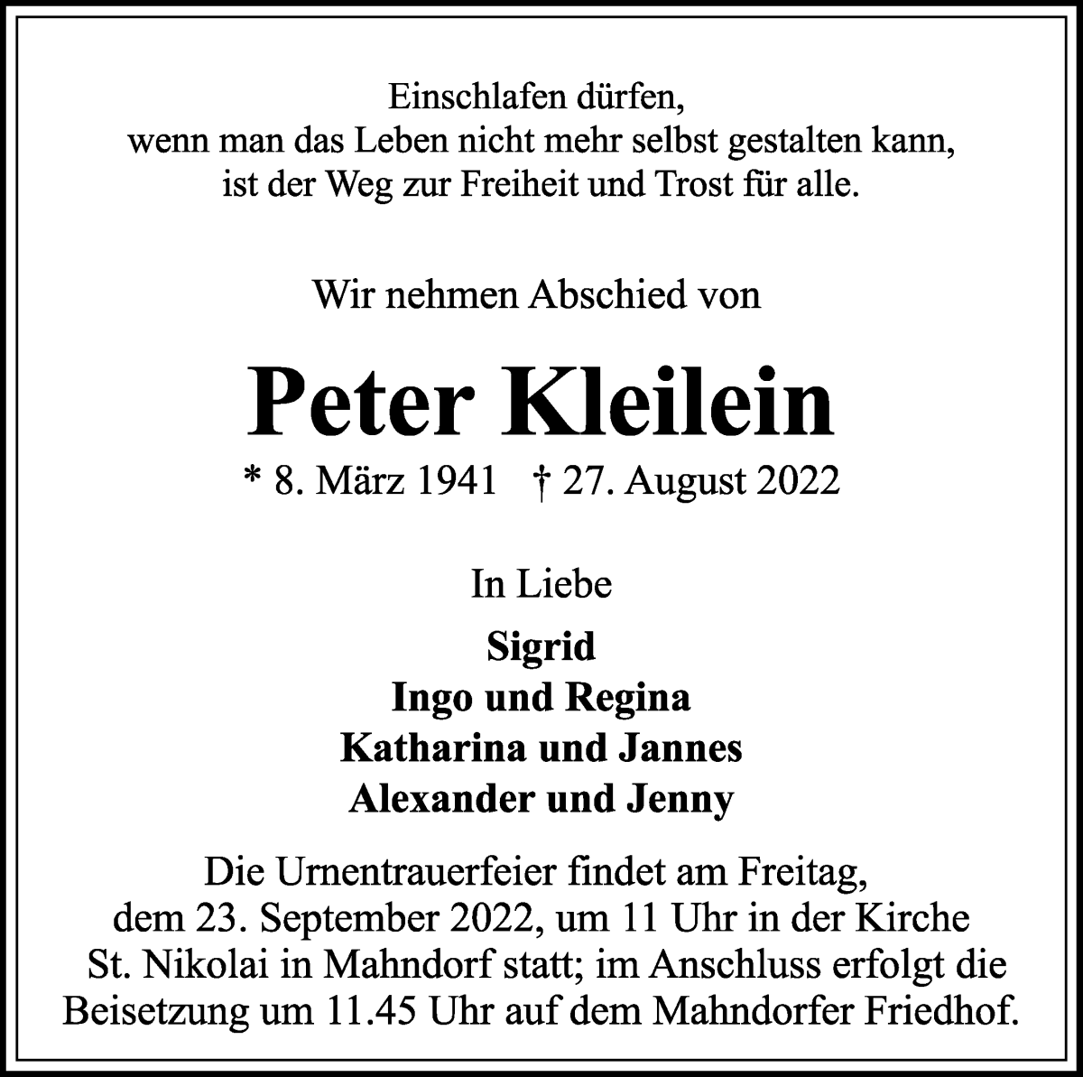 Traueranzeige von Peter Kleilein von WESER-KURIER