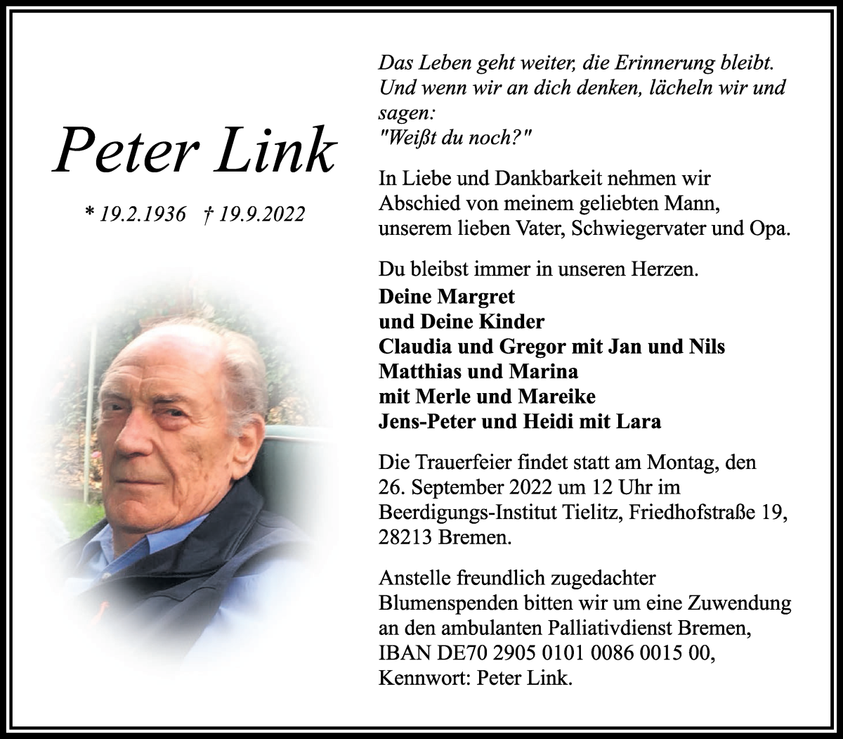 Traueranzeige von Peter Link von WESER-KURIER