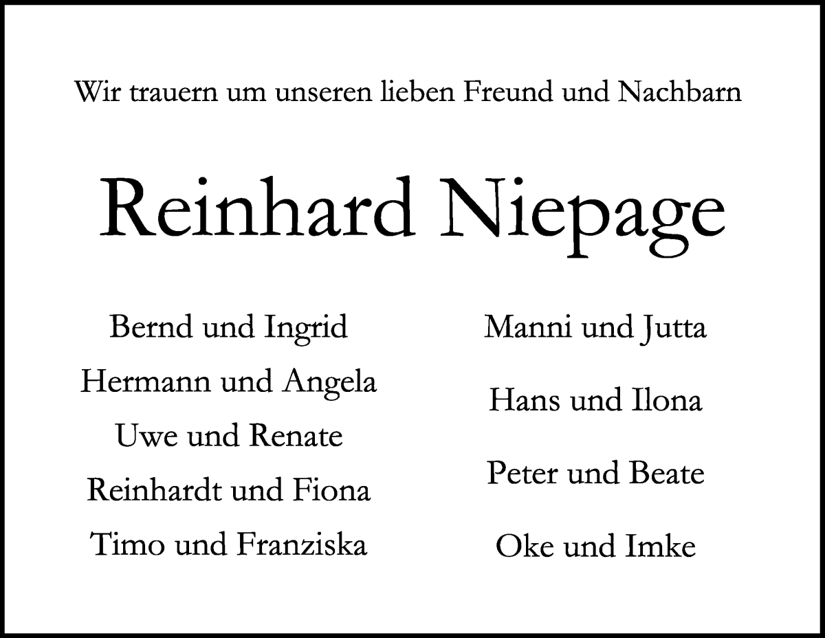 Traueranzeige von Reinhard Niepage von WESER-KURIER